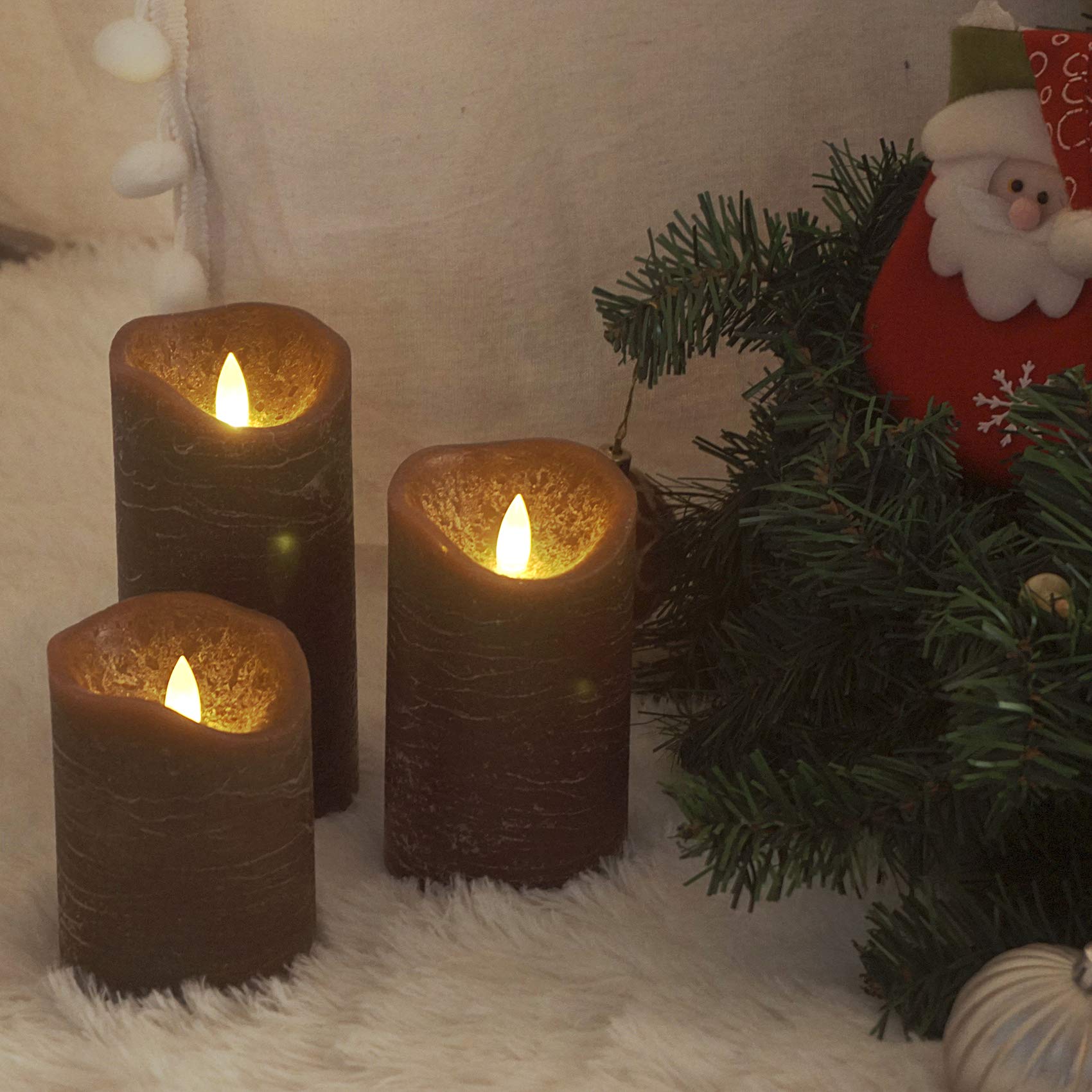 Real Wax Flameless LED Candles with Timer - Set of 3 Battery Operated Pillar Candles, Realistic Flickering & Rustic Brown Texture, 6H On/18H Off Auto Cycle - Perfect for Home Decor, Weddings, Romantic Dinners & Holiday Centerpieces