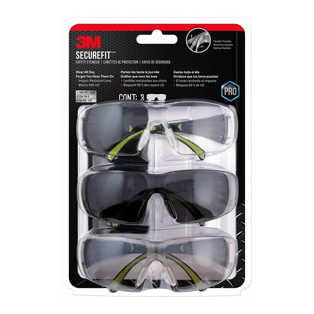 3M SecureFit Safety Eyewear SF400 - ANSI Z87.1 Certified Protective Glasses, Pack of 3 (Clear, Smoke & Amber Lenses) - Ideal for Construction, Woodworking & DIY Projects