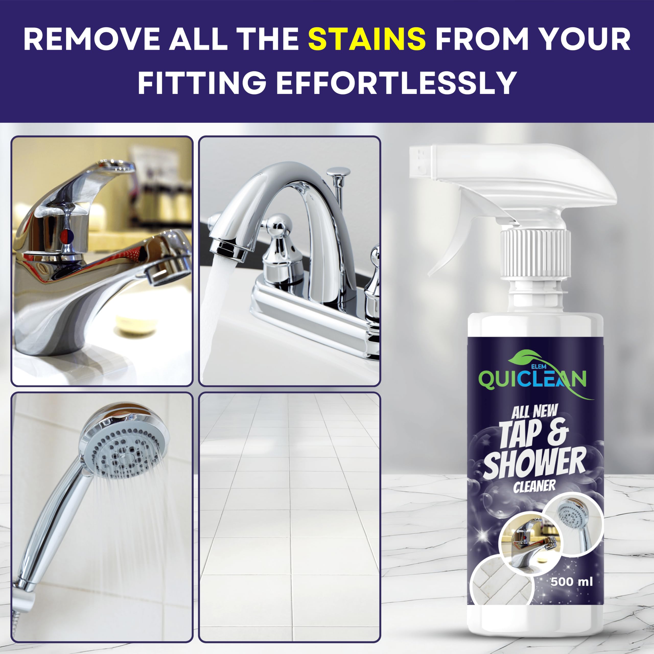 Quiclean 500ML Tap & Shower Cleaner - Lime Scale & Hard Water Stain Remover for Bathroom Fittings, Taps, Showers & Tiles | Powerful Bathroom Descaler Spray | Perfect for Daily Cleaning & Stain Prevention in Kitchens & Bathrooms