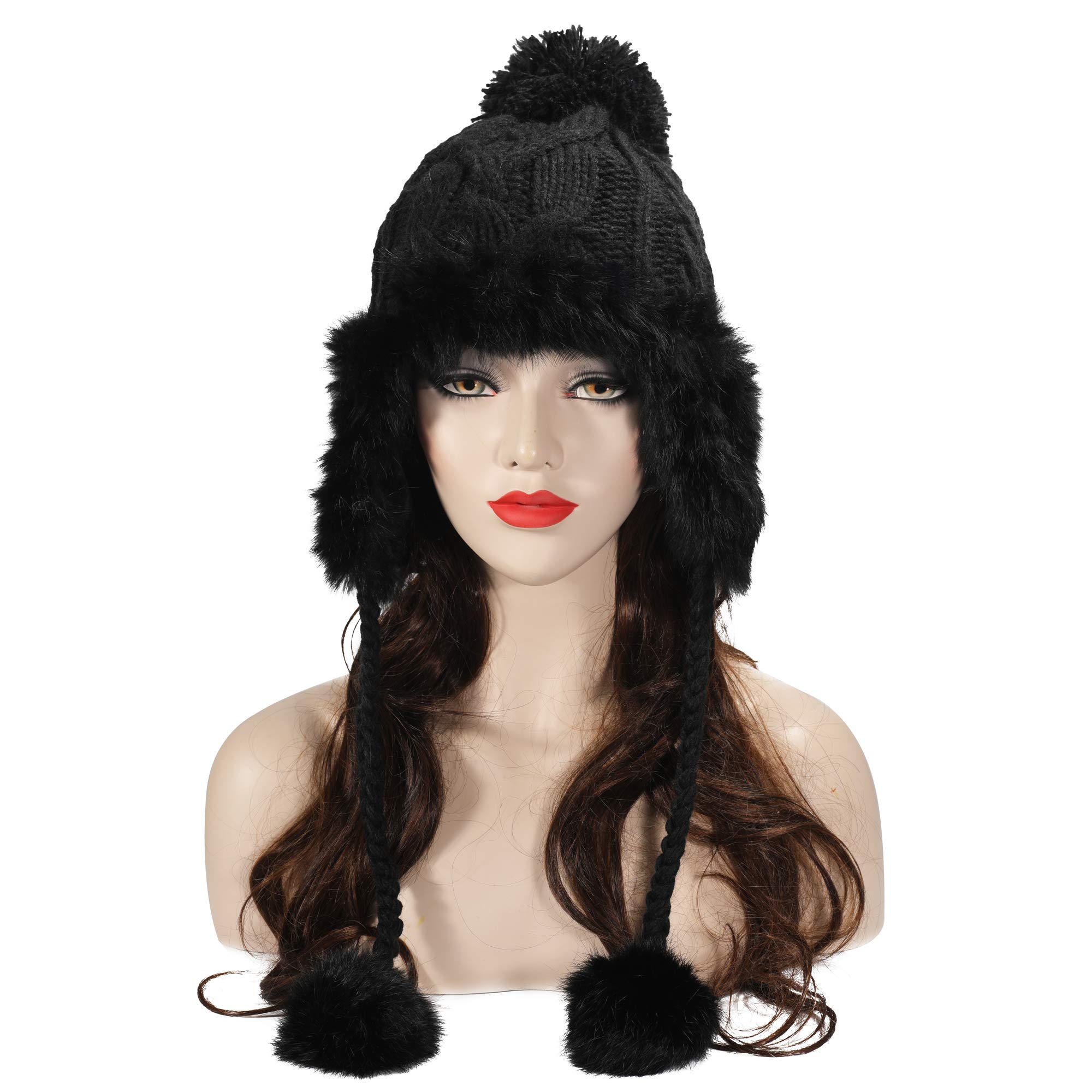 ZLYC Women's Winter Warm Rabbit Fur Knit Bobble Beanie Hat with Earflaps - Cozy & Stylish Cold Weather Accessory for Outdoor Activities, Skiing, and Daily Winter Fashion
