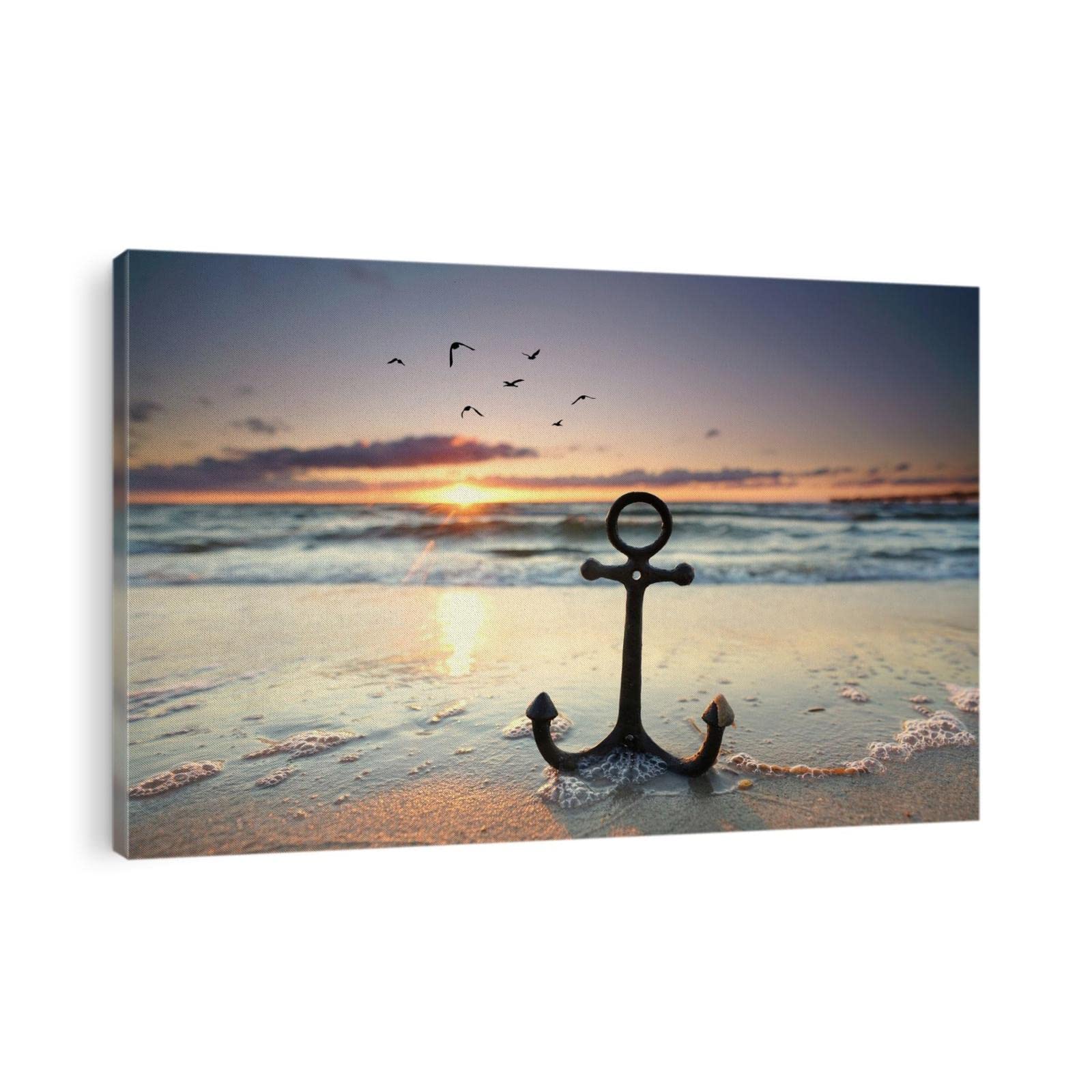 TIMUBA Beach Canvas Wall Art - 28x40 Inch Framed Seascape Painting with Sunset & Anchor Design, Modern Coastal Decor for Bathroom, Living Room & Home - Perfect for Beach House, Vacation Rental & Coastal-Themed Spaces