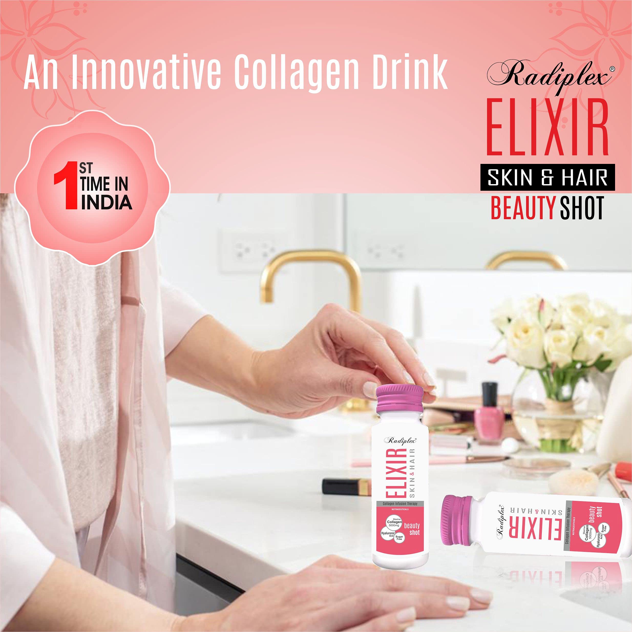 Radiplex Elixir 5000mg Hydrolyzed Marine Collagen Beauty Shot with Hyaluronic Acid | Sugar-Free Collagen Drink for Skin Hydration, Hair Growth & Nail Strength | Clinically Proven Anti-Aging Supplement | Perfect for Morning Routine, Post-Workout Recovery & Travel Wellness | Pack of 12