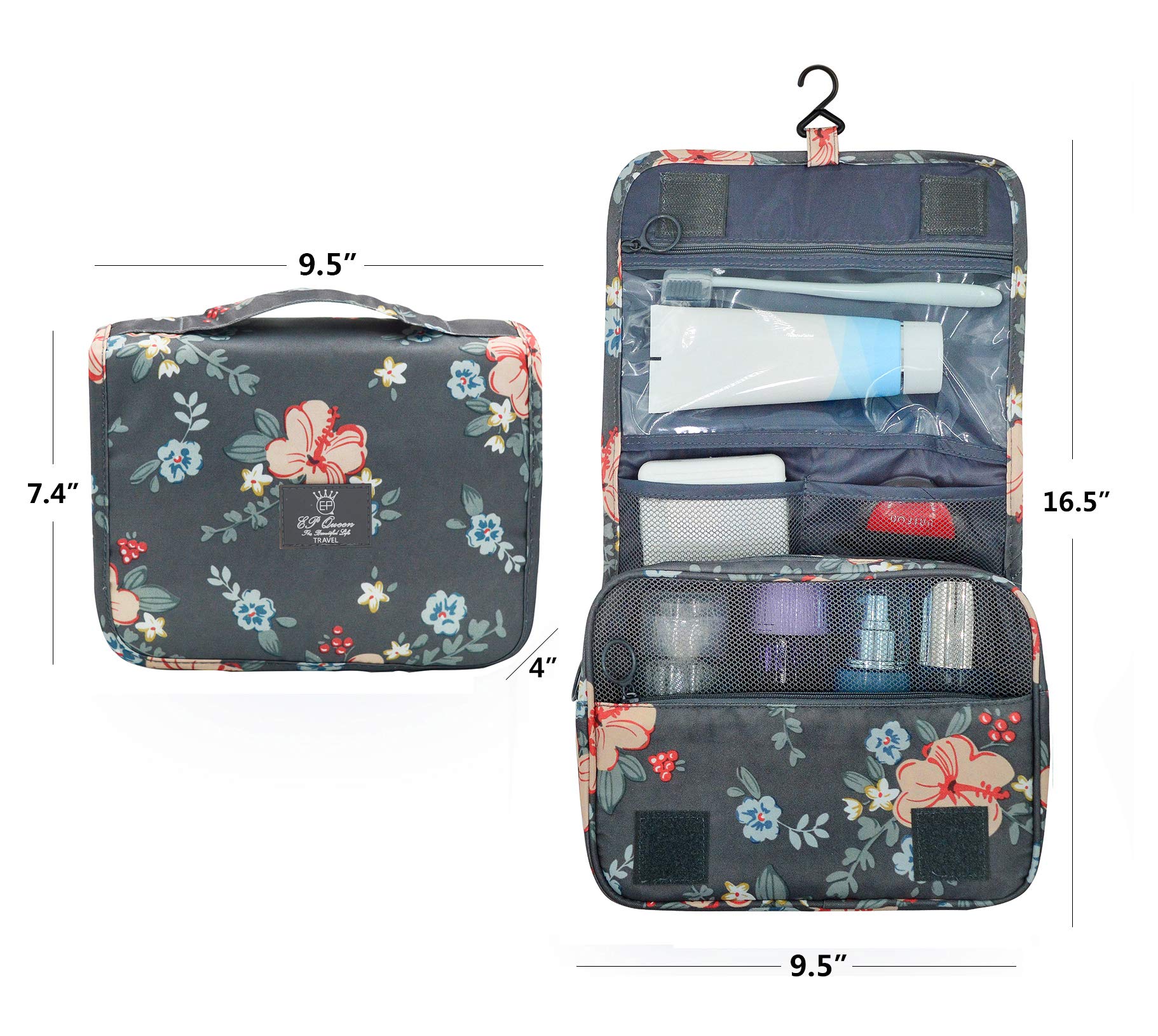 Hanging Travel Toiletry Bag for Women - Waterproof Cosmetic Organizer with Multiple Pockets for Makeup, Shampoo & Toiletries (Dark Grey Floral Pattern) - Perfect for Vacation, Gym, Camping & Business Trips