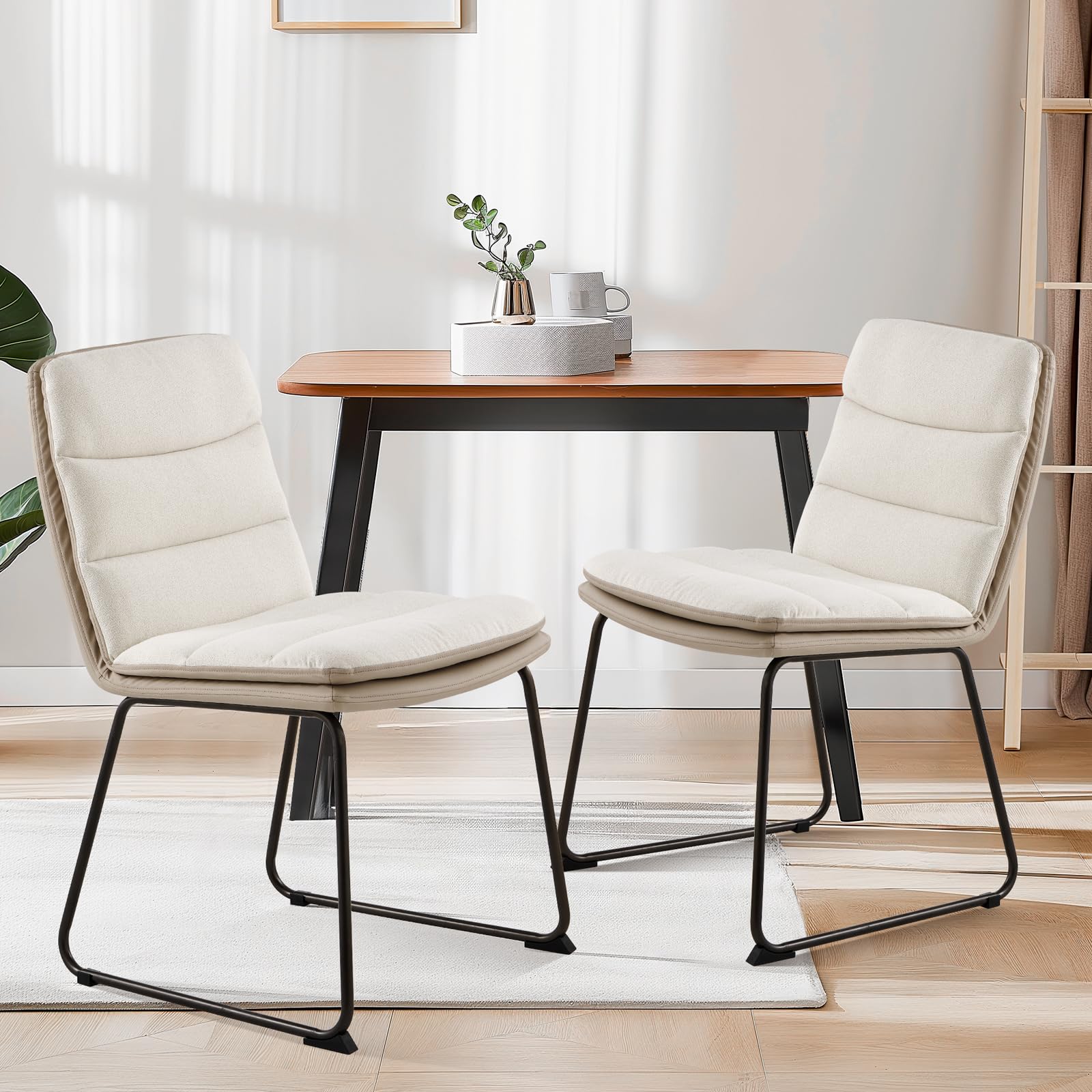 Modern Upholstered Dining Chairs Set of 2 - PU Leather & Fabric Kitchen Side Chairs with Sturdy Metal Legs, Cream - Perfect for Home Dining Room, Breakfast Nook & Small Space Decor