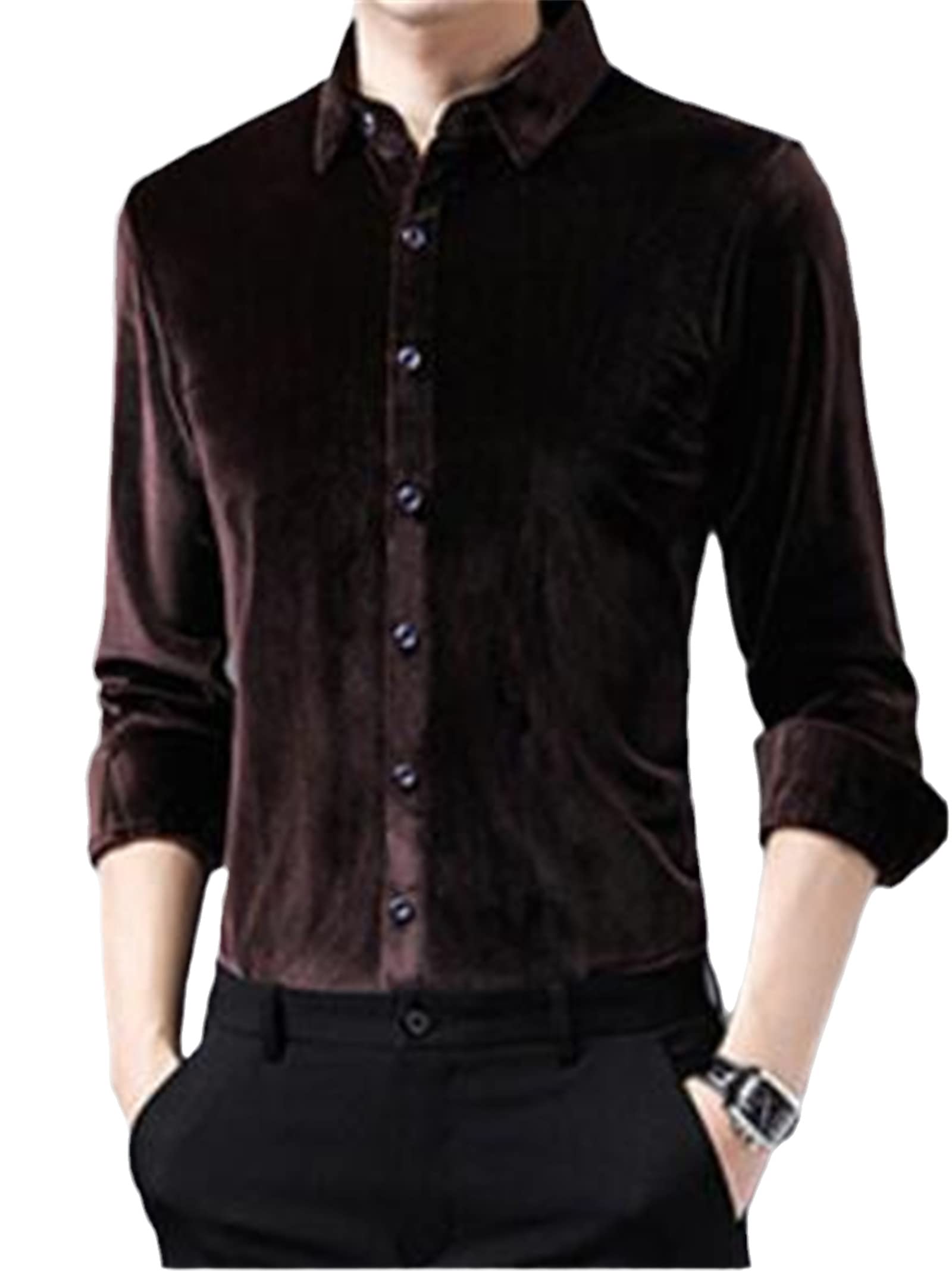 Retro Winter Red Velvet Dress Shirts for Men - Purple Plush Velour Claret Burgundy Shirts | Formal & Casual Wear for Parties, Holidays & Special Occasions