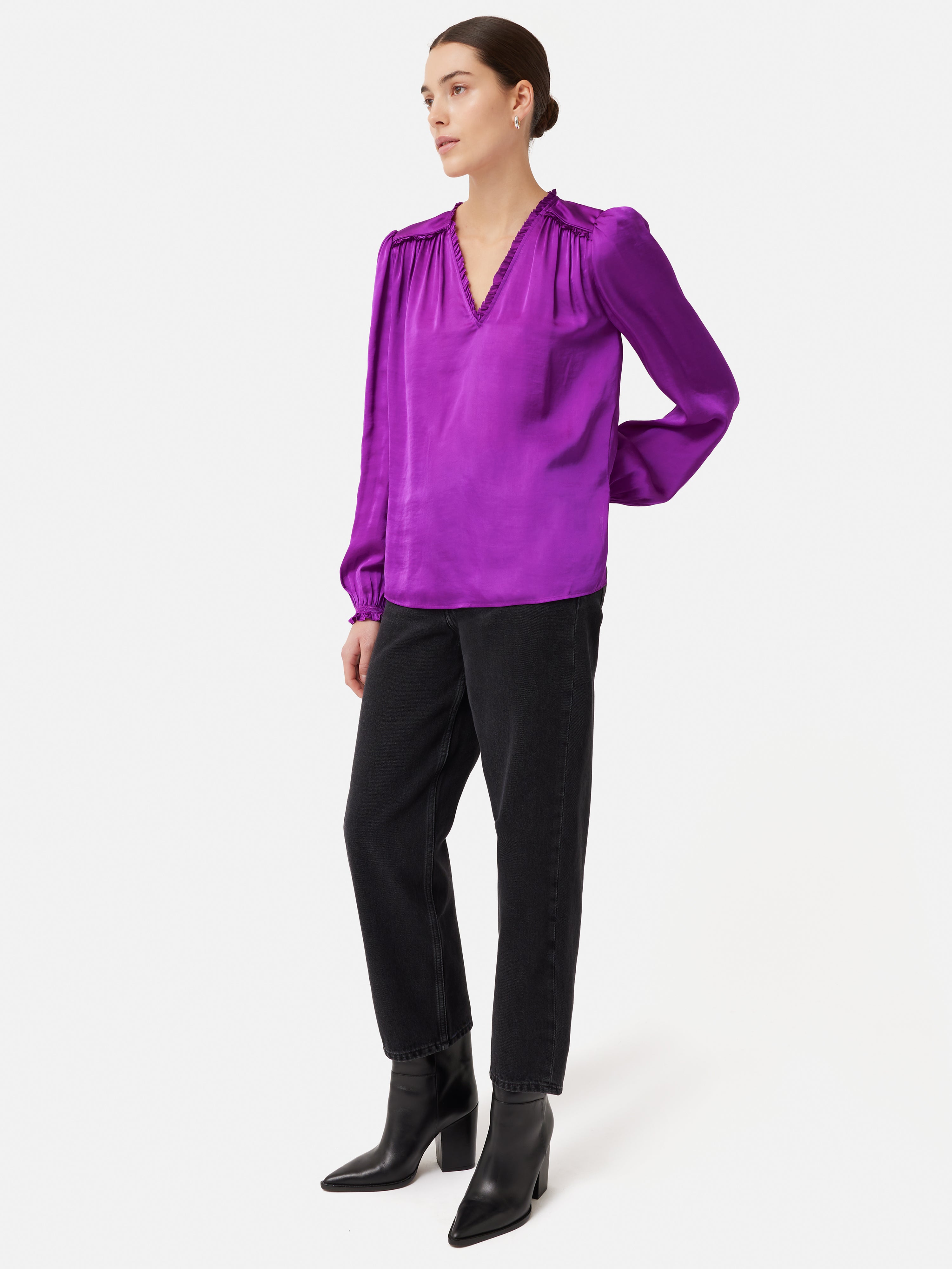 Eco-Friendly Recycled Satin V-Neck Blouse in Purple | Women's Sustainable Fashion for Work & Evening Wear