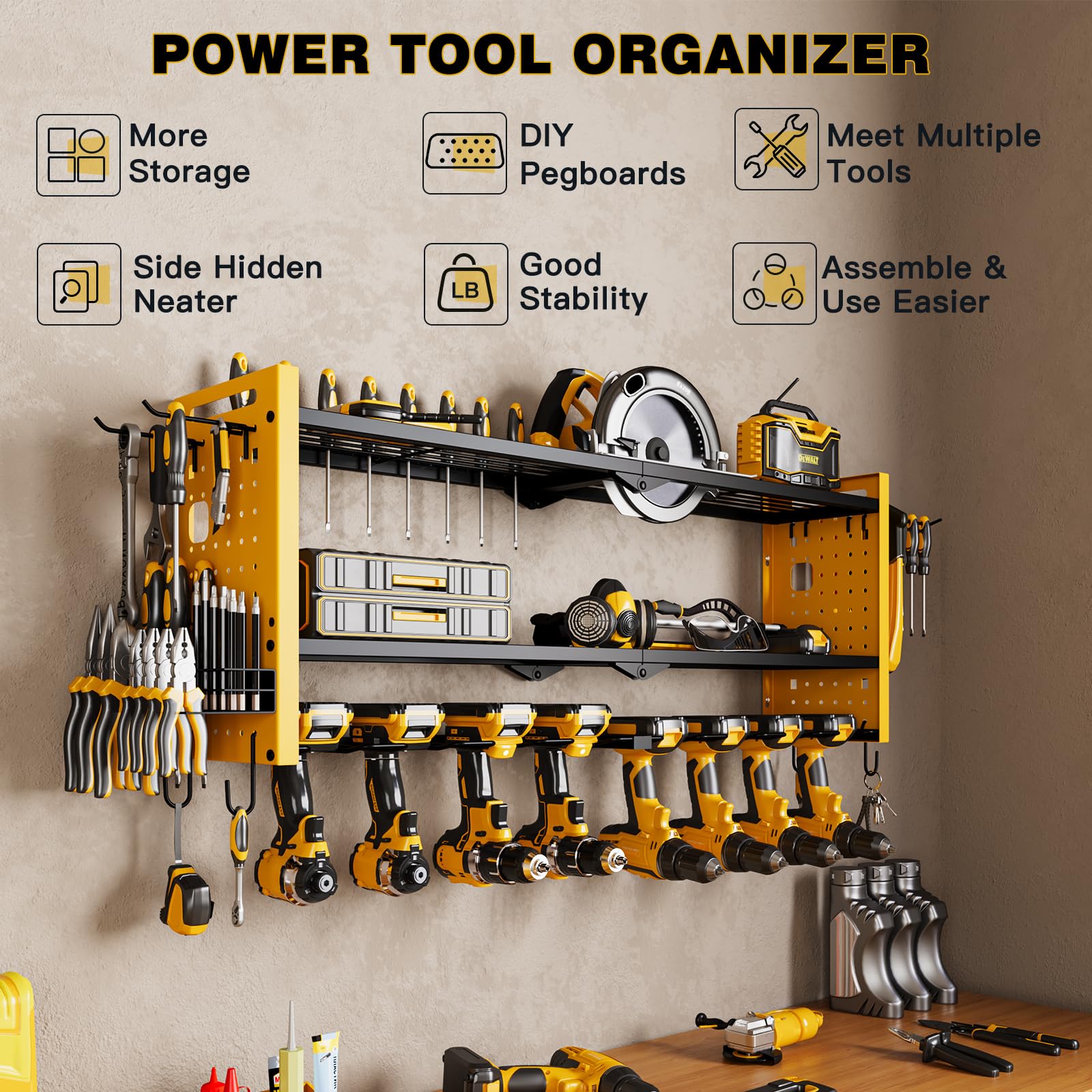 Heavy Duty Wall Mount Power Tool Organizer - 3-Tier Cordless Drill Hanger Storage Rack with 8 Drill Holders (Yellow) | Perfect for Garage, Workshop & DIY Tool Organization