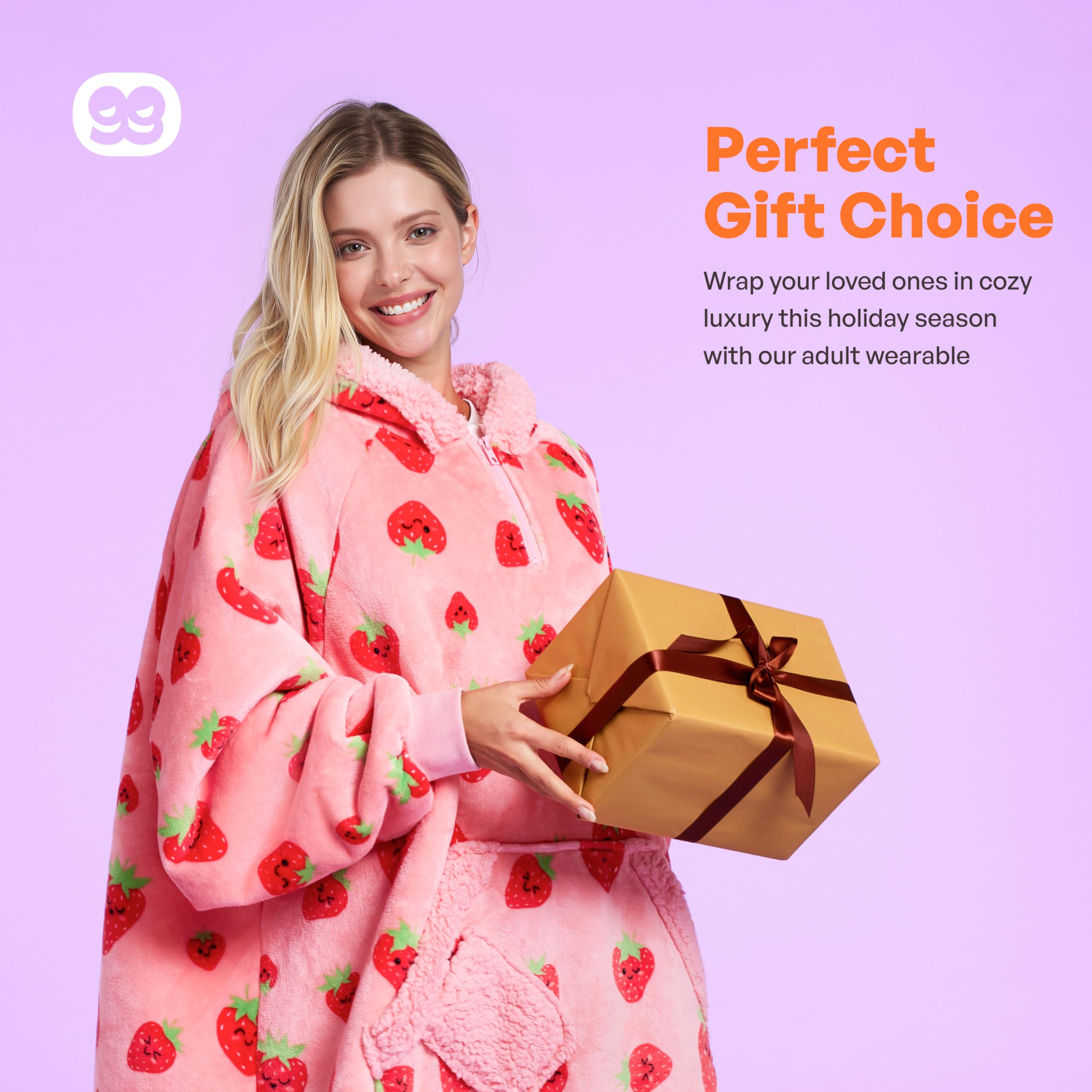 Cozy Wearable Blanket Hoodie for Women - Oversized Flannel Sherpa Fleece Sweatshirt with Giant Pocket & Long Sleeves - Warm Winter Loungewear for Home, Office, and Outdoor Activities - Perfect Birthday Gift for Adults - Strawberry Pattern