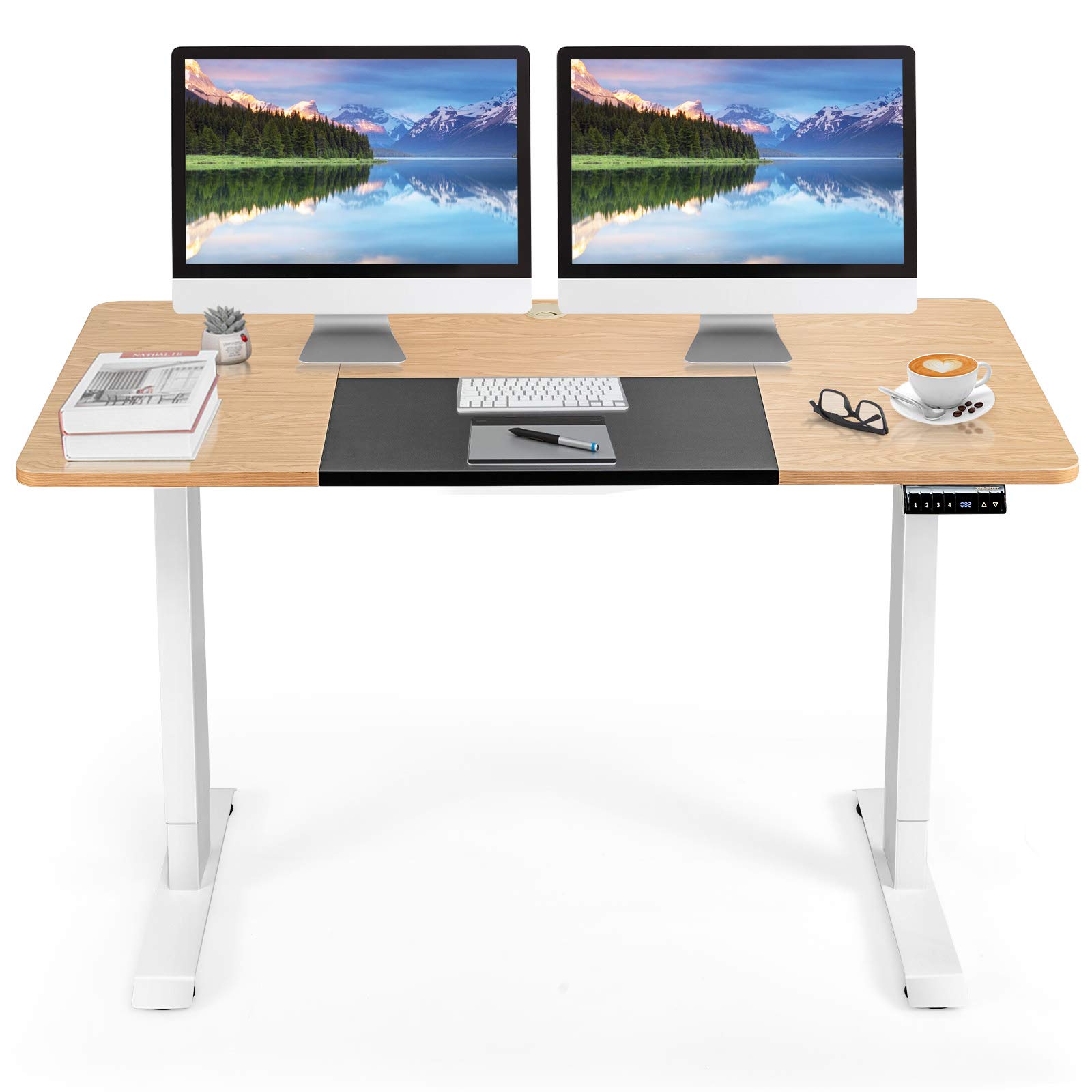Tangkula 55 x 28 Inches Electric Standing Desk - Height Adjustable Ergonomic Workstation with Memory Controller, Dual Monitor Computer Desk for Home Office, Study Room & Gaming Setup (Natural Wood Finish) | Perfect for Remote Work, Online Classes & Healthy Workspaces