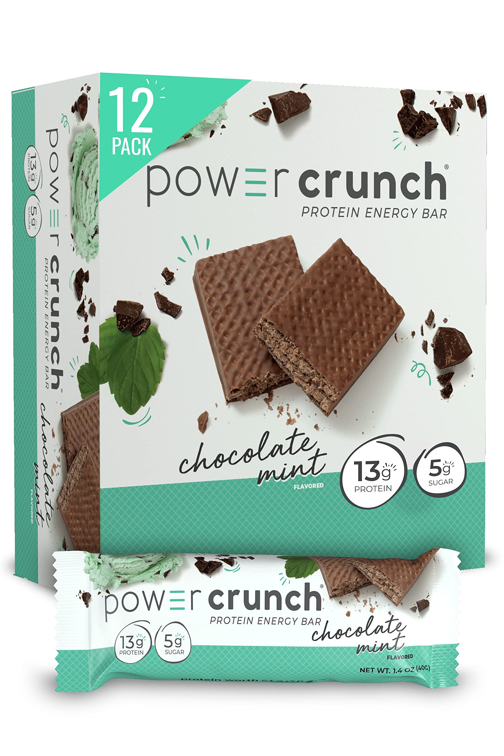 Power Crunch Protein Wafer Bars - 12 Pack of 1.4oz High Protein Snacks | Chocolate Mint Flavor | Keto Friendly, Low Carb Energy Bars for Gym, Hiking & On-the-Go Nutrition