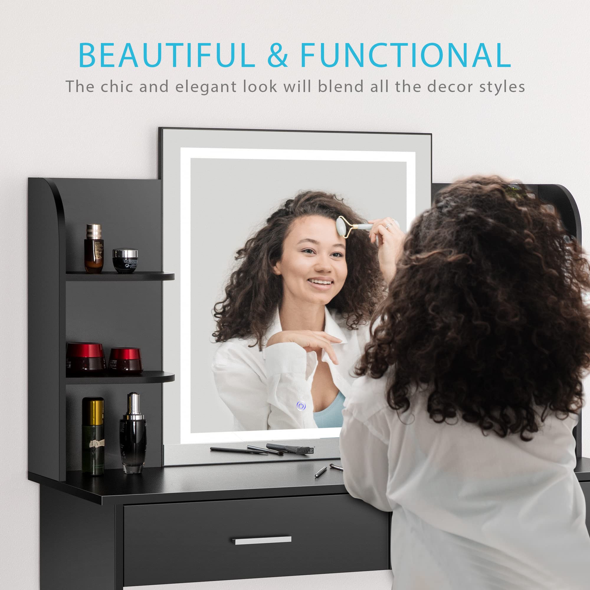 VIVOHOME Black Makeup Vanity Table Set with 3-Color Dimmable LED Mirror, 6 Storage Shelves & 2 Drawers, Includes Cushioned Stool - Perfect for Bedroom, Dressing Room & Beauty Salon Organization