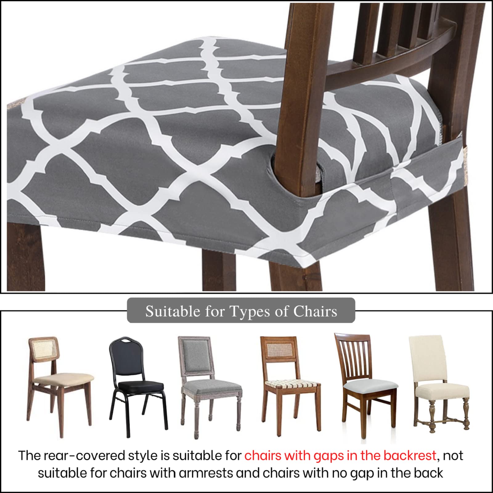 Stretch Dining Chair Seat Covers Set of 4 - Soft Removable Washable Chair Slipcovers for Kitchen & Dining Room - Universal Fit Protector (Rear-Covered, Grey) - Perfect for Home, Office, Restaurant & Party Decor