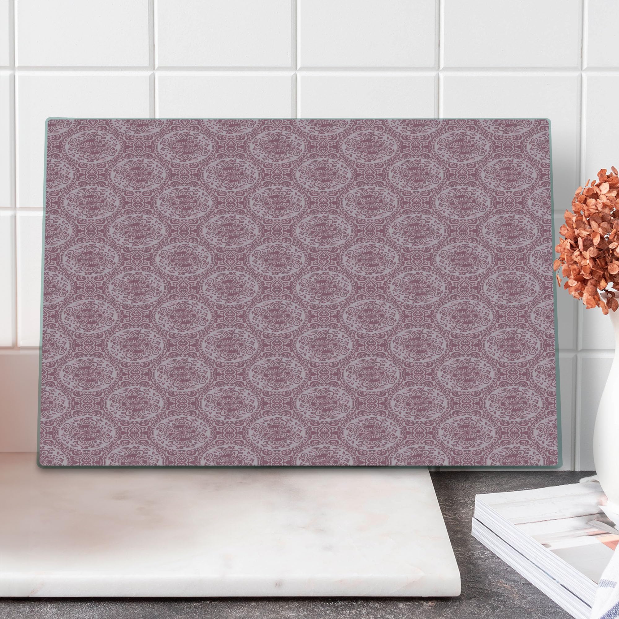 Ambesonne Damask Tempered Glass Cutting Board - Monochrome Floral and Circle Design - Large Decorative Serving Board for Kitchen, Charcuterie, and Cheese Platters - Dried Rose and Rose Theme - Perfect for Entertaining and Home Decor
