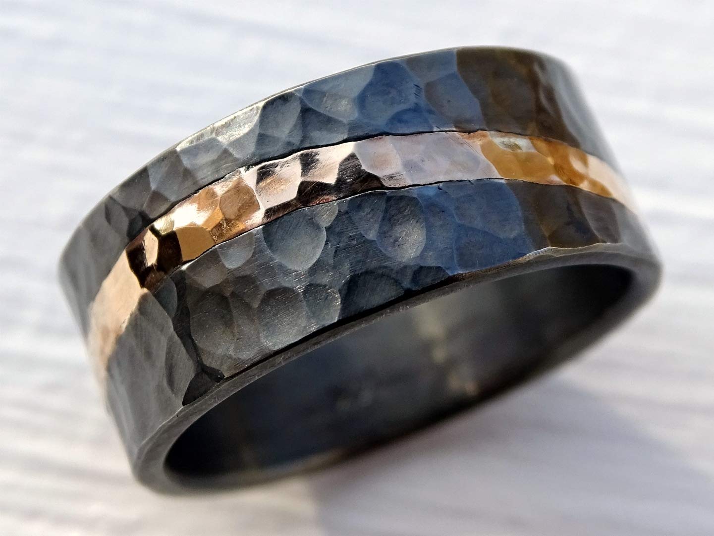 Forged Men's Viking Ring - Black Gold Wedding Band, Rustic Gold Wave Inlay, Perfect for Beach Weddings, Engagements, and Everyday Wear