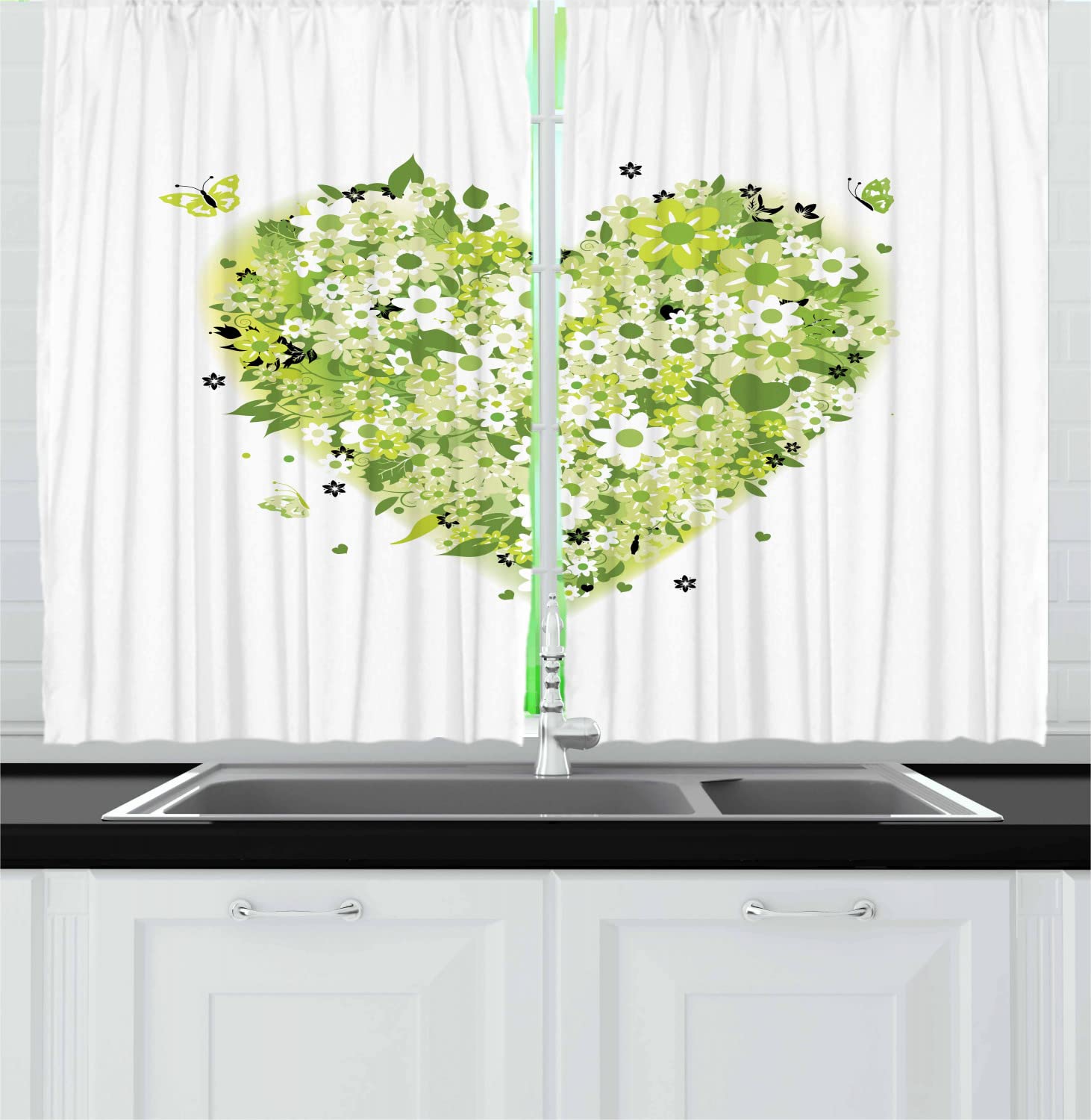 Ambesonne Green Floral Kitchen Curtains - 2 Panels, 55