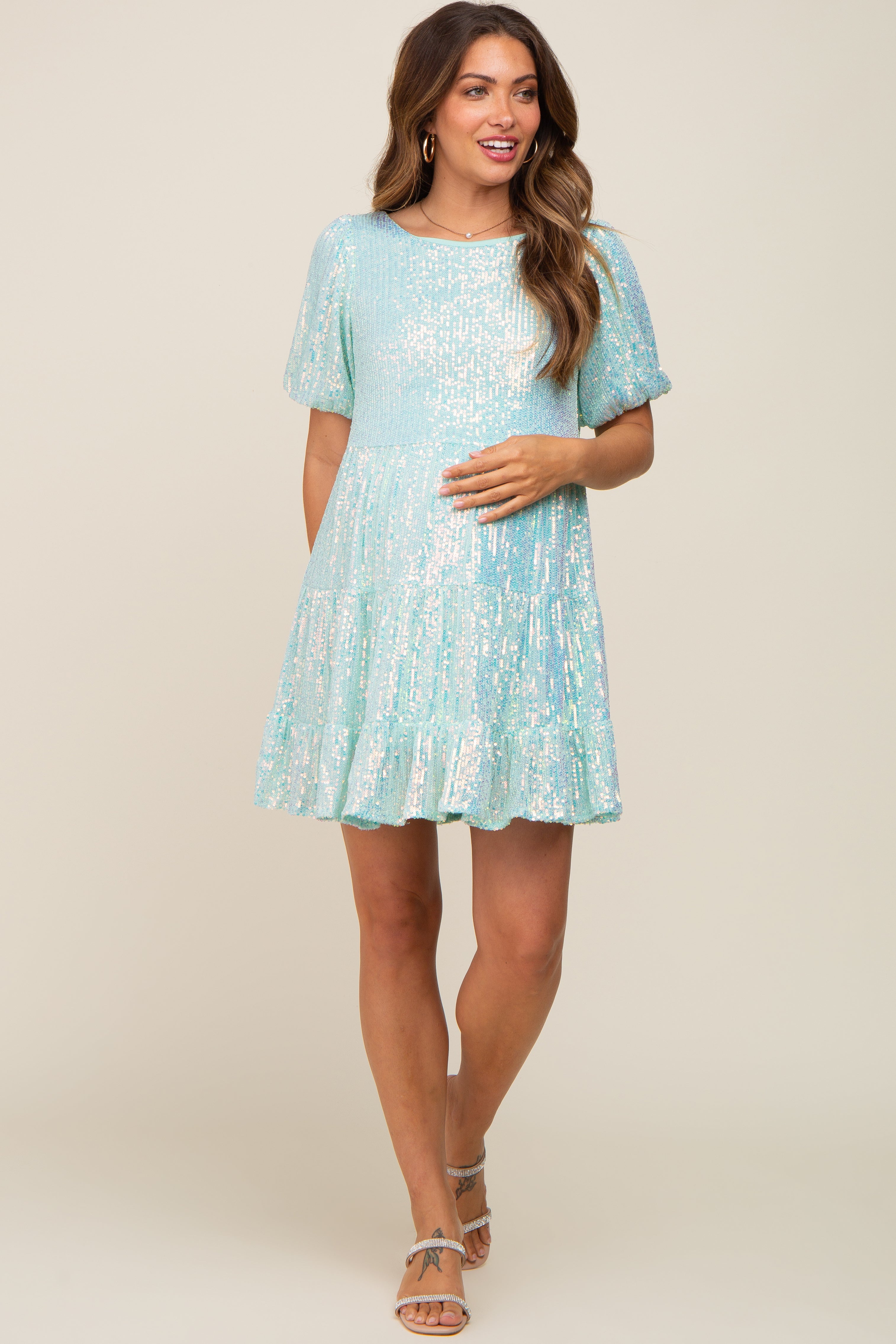 Aqua Sequin Short Sleeve Tiered Maternity Dress for Pregnancy - Comfortable Stretchy Party Dress for Baby Shower, Bridal Shower & Special Occasions