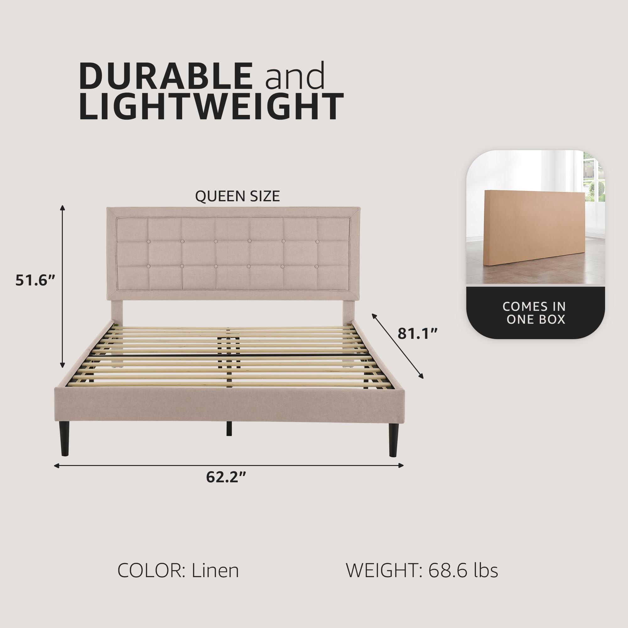Mornington Upholstered Wood Platform Bed Frame - Full/Queen Size with Linen Fabric - Sturdy Support for Mattress - Perfect for Master Bedroom, Guest Room & Apartment Sleeping