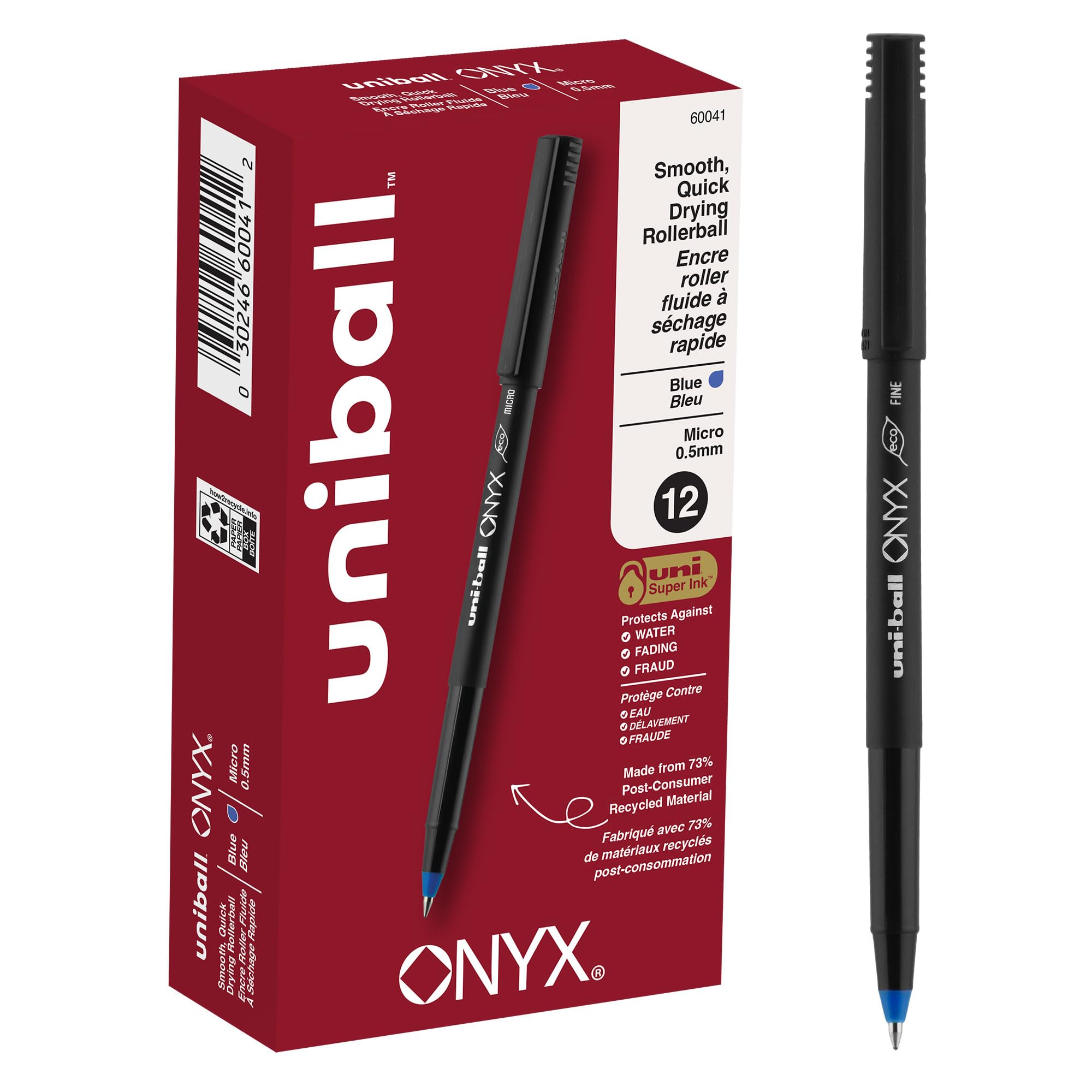 Uniball Onyx Rollerball Stick Pen 12-Pack, 0.5mm Micro Blue Gel Ink Pens - Smooth Writing Fine Point Office & School Supplies for Note Taking, Journaling & Everyday Use