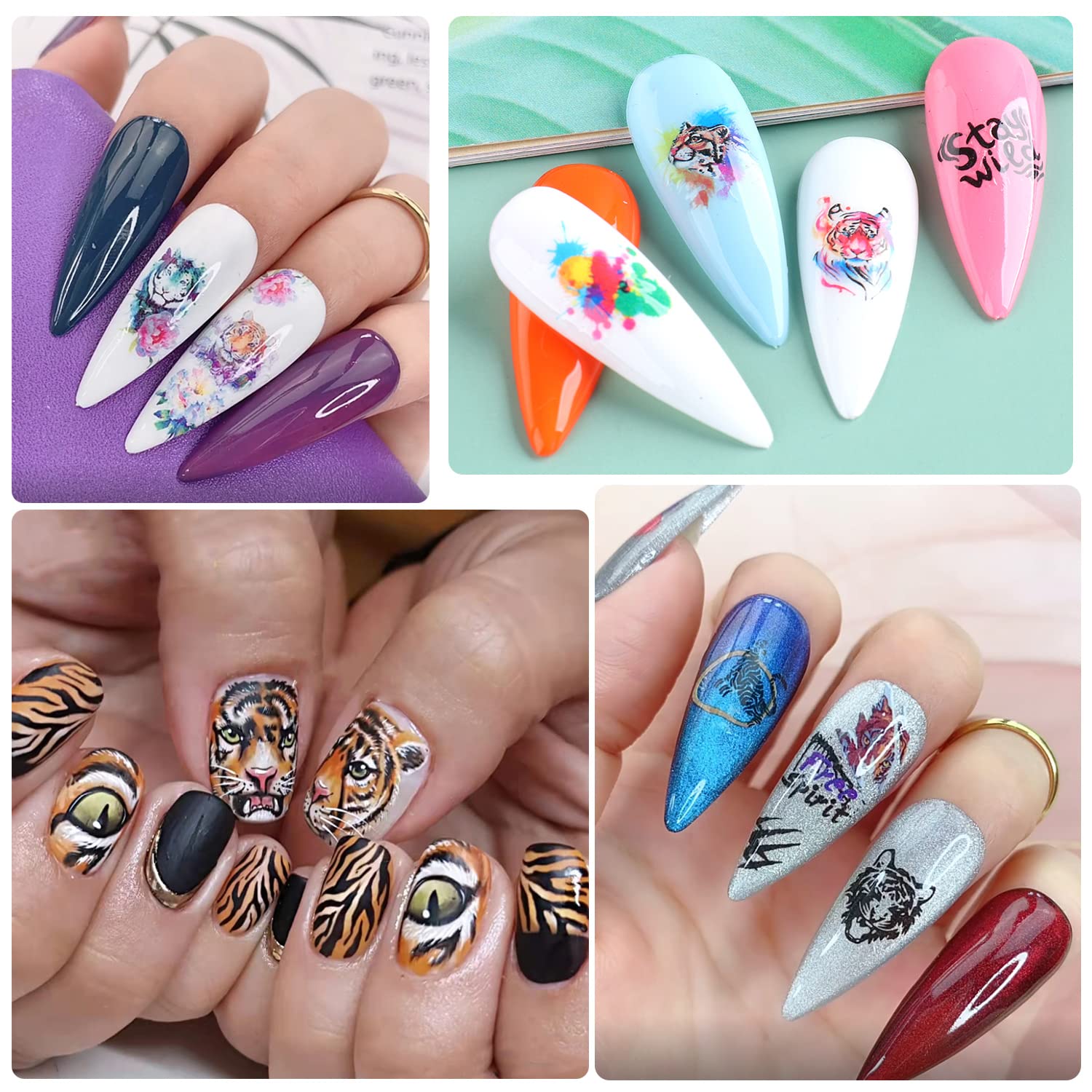 3D Cartoon Tiger & Holographic Flower Nail Art Stickers - Self-Adhesive Nail Decals for Women & Girls - DIY Manicure Tips & Acrylic Nail Supplies - Perfect for Parties, Weddings, and Daily Nail Art Designs