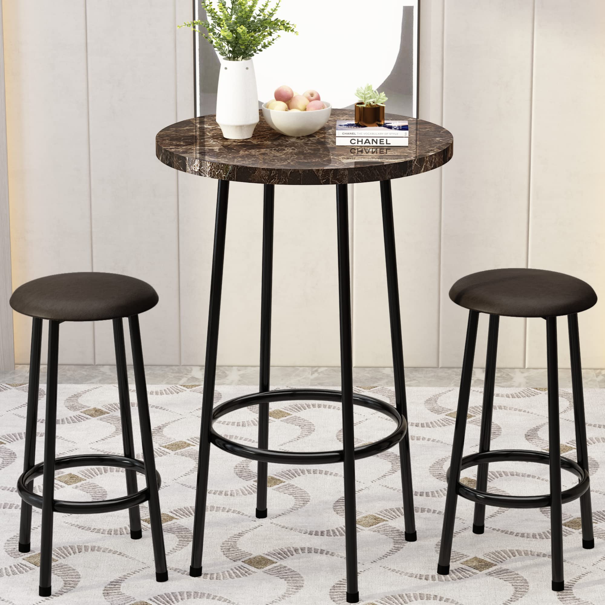 AWQM 3-Piece Small Space Dining Set - Round Coffee Table with 2 Stools & Bar Height Breakfast Table - Compact Kitchen, Apartment & Living Room Furniture for Modern Homes | Perfect for Entertaining, Morning Coffee & Small Space Dining