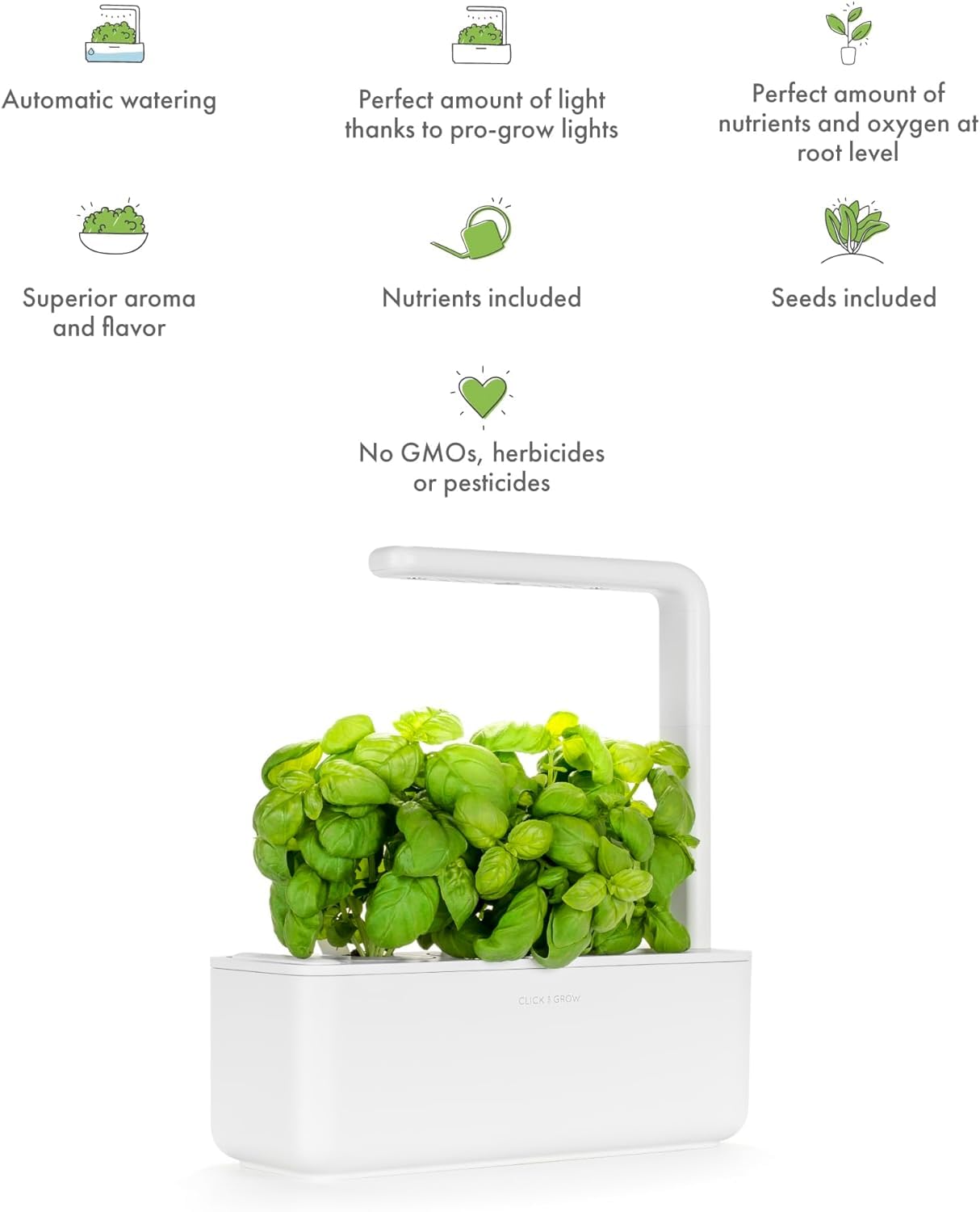 Click & Grow Indoor Herb Garden Kit with LED Grow Light - Smart Hydroponic Gardening System for Home, Kitchen, Windowsill - Includes 3 Basil Seed Pods (White) - Perfect for Fresh Cooking, Home Decor & Urban Farming