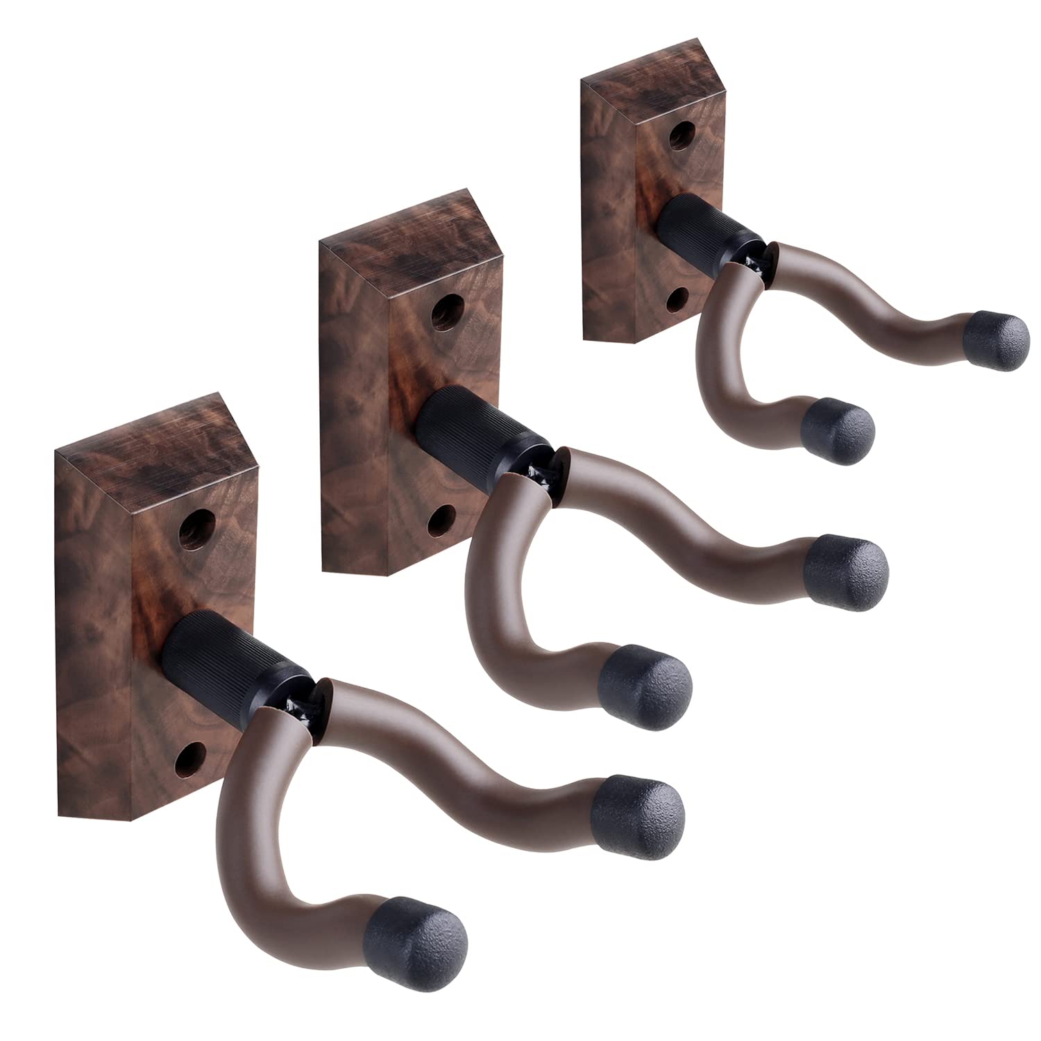 3 Pack Guitar Wall Hangers - Heavy Duty Black Walnut Wall Mount Hook for Acoustic, Electric, Bass, Banjo, Mandolin & Ukulele - Space Saving Instrument Storage Solution for Home, Studio or Music Classroom