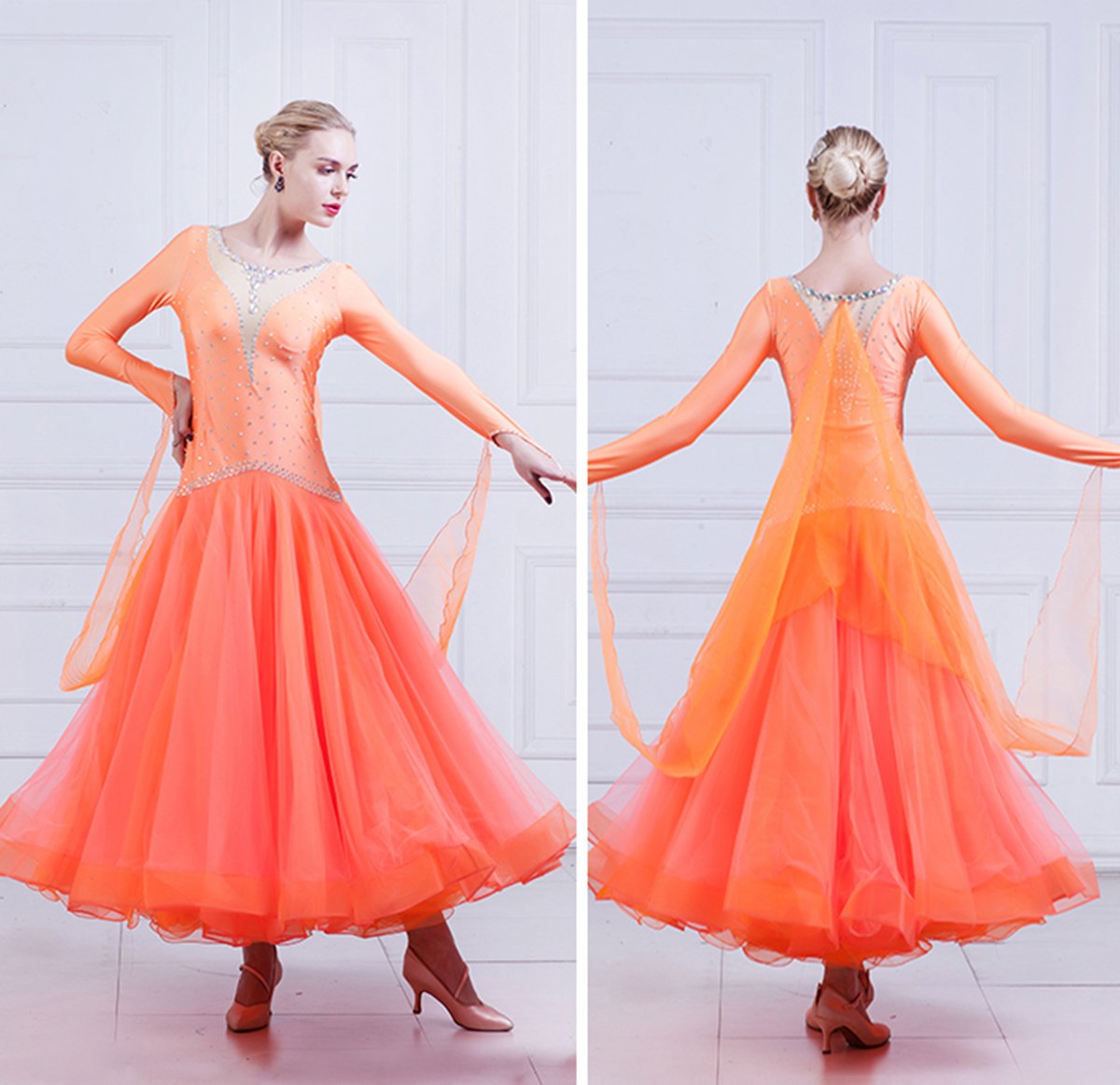Elegant Women's Ballroom Dance Competition Dress - Modern Waltz Standard Long Sleeve Gown for Professional Dancers | Perfect for Competitions, Performances & Social Dancing Events
