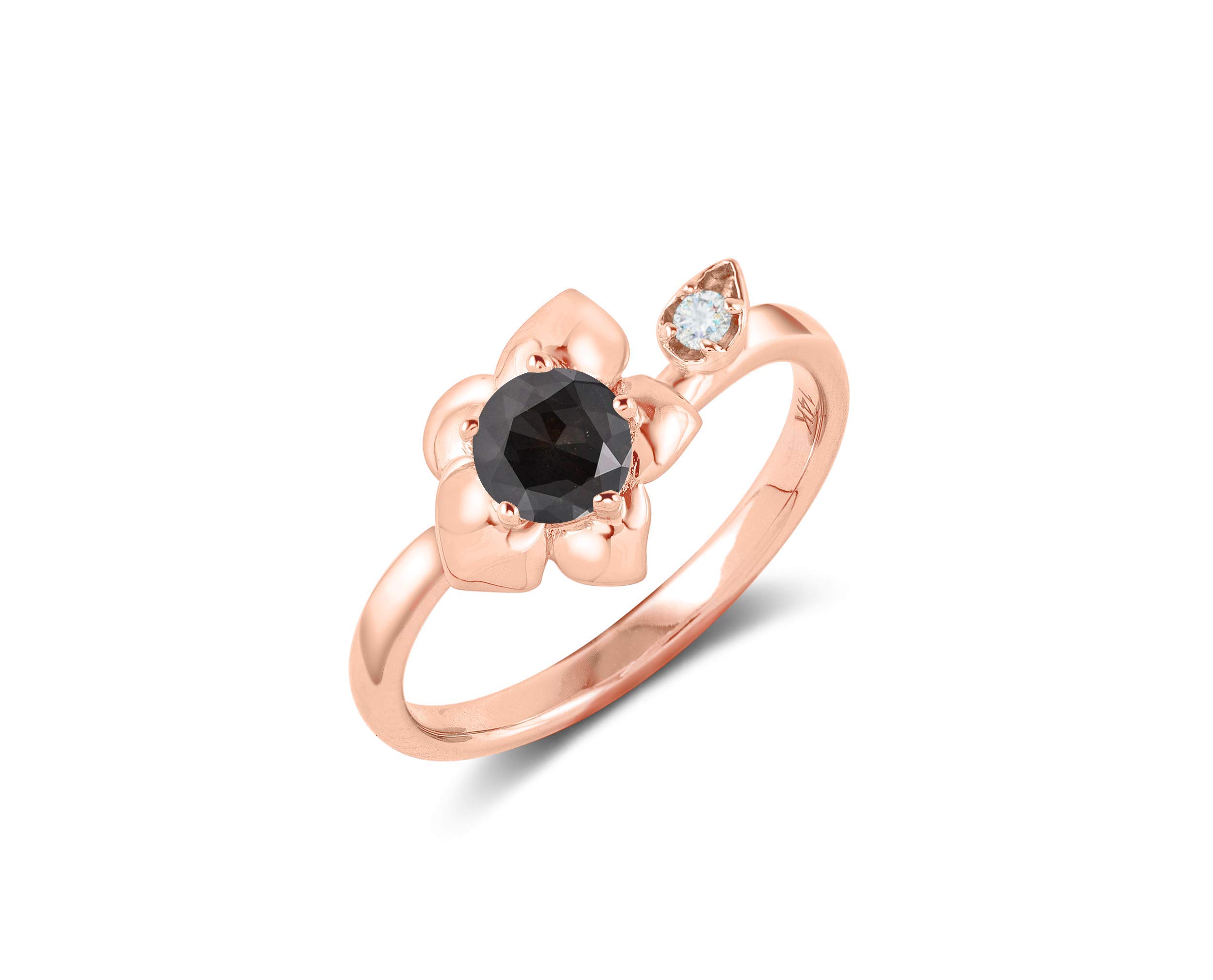 Elegant Floral Rose Gold Wedding & Engagement Ring Set with Black Diamond - Orchid Inspired Women's Ring for Bridal, Anniversary & Special Occasions