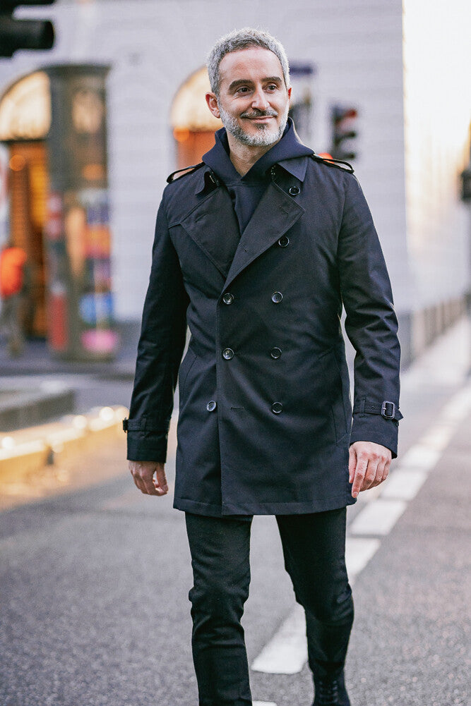 Theodore Men's Black Cotton Gabardine Trench Coat - Waterproof Long Coat for Business & Casual Wear