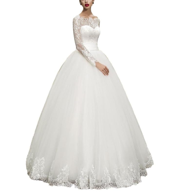 2024 Elegant Long Sleeve Tulle Wedding Dress with Lace Appliques - Romantic Ball Gown with Train for Bride | Perfect for Church Ceremony, Beach Wedding & Formal Reception