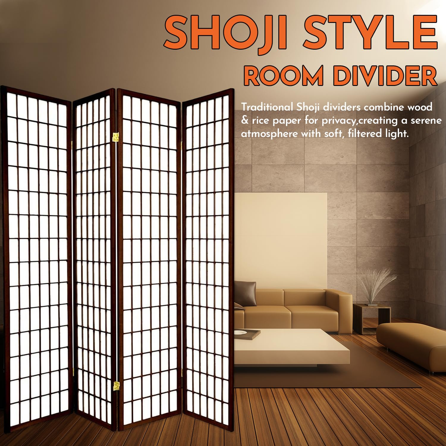 Legacy Decor 4-Panel Room Divider - 6ft Tall Portable & Foldable Freestanding Privacy Screen - Shoji Style Dressing Screen for Home, Office & Studio - Espresso Finish | Perfect for Room Separation, Changing Area, and Temporary Wall Partition