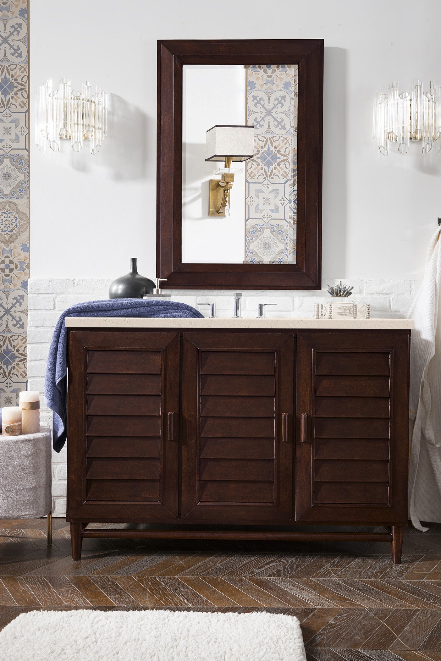 Portland 48 Inch Single Bathroom Vanity with Burnished Mahogany Finish and 3CM Eternal Marfil Quartz Countertop - Perfect for Modern Master Bathrooms and Powder Rooms