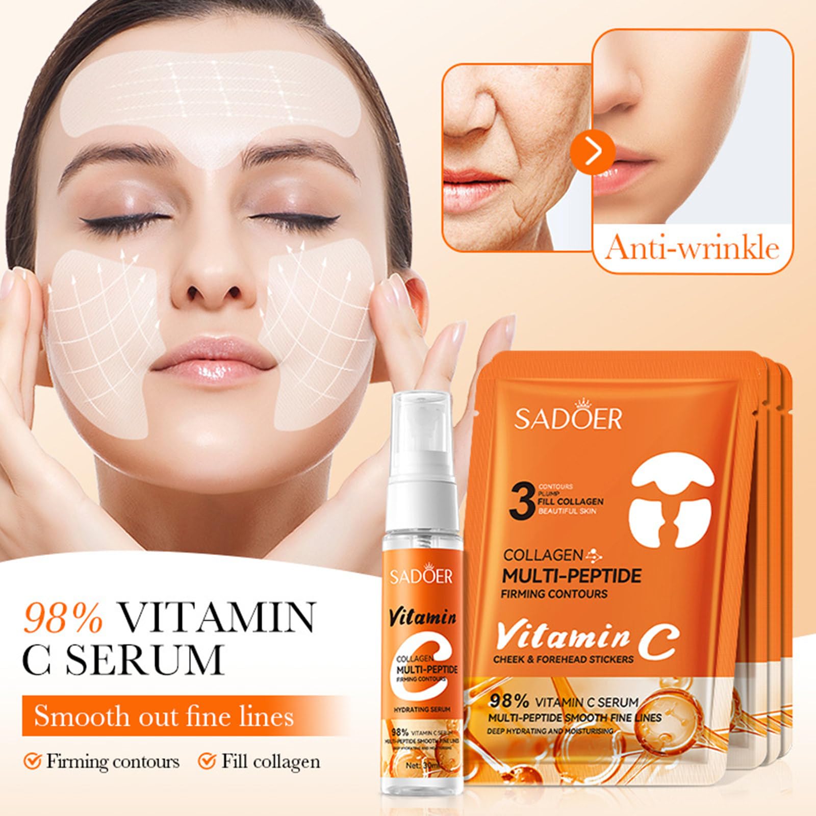 **Vitamin C Face Serum & Collagen Face Mask Set - Hydrating & Soothing Skincare Gift Box with 4 Pcs Essence Masks for Forehead & Cheeks | Perfect for Daily Hydration, Spa Nights & Travel Skincare**