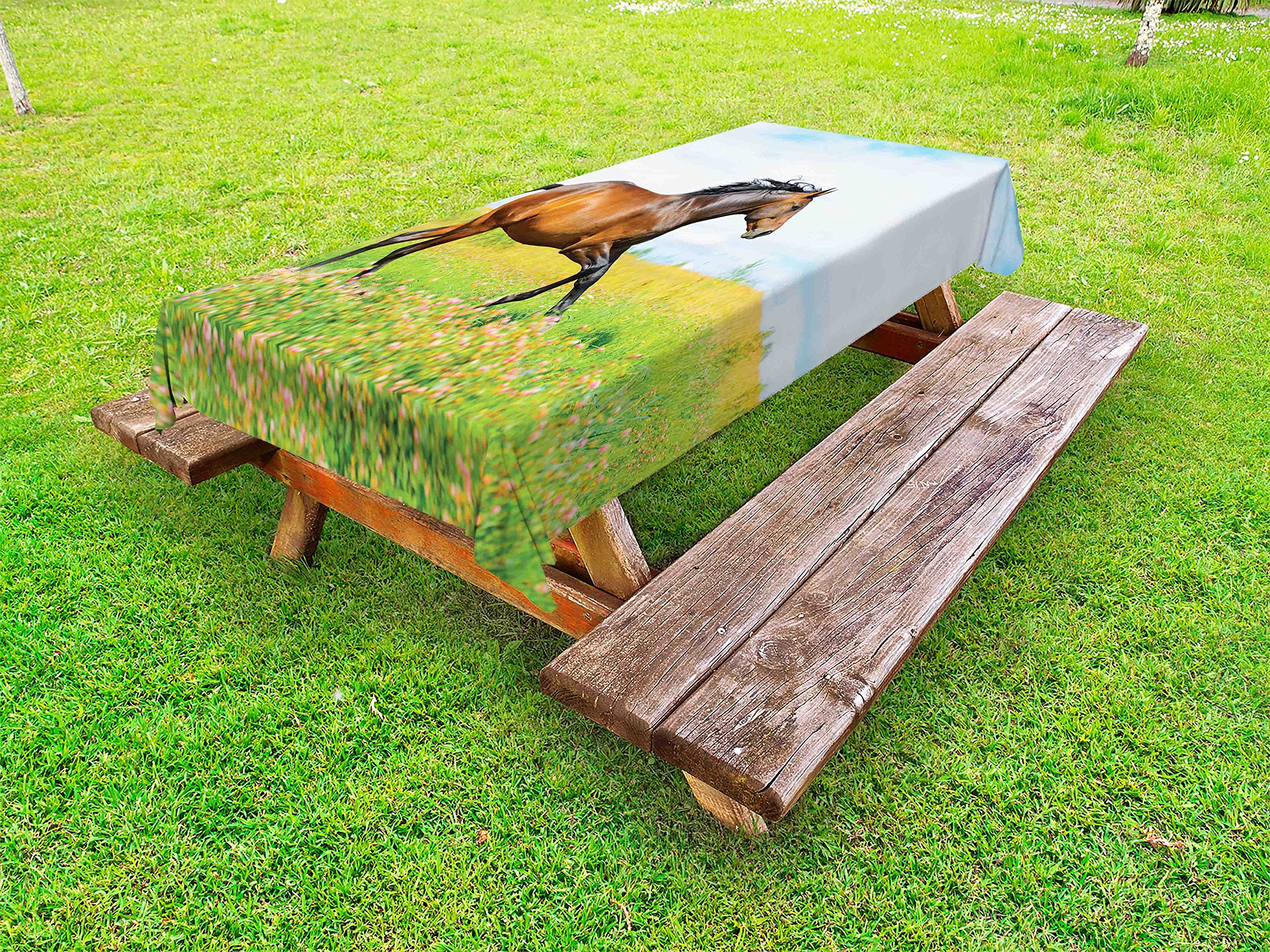 Ambesonne Horse Galloping on Flower Meadow Outdoor Tablecloth - Washable Picnic Table Cover 58x120 Inches - Green Brown Pale Blue Decorative Cloth for Garden Parties, BBQs & Outdoor Dining