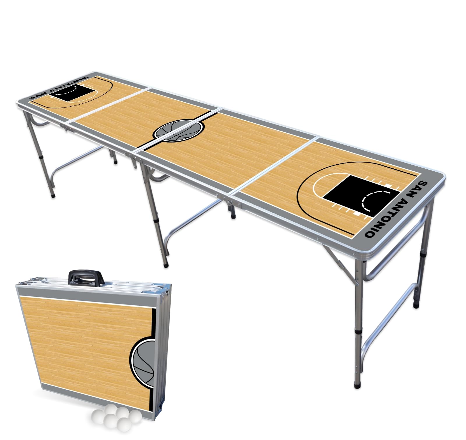 8-Foot Folding Portable Beer Pong Table with Optional Cup Holes & LED Lights - San Antonio Basketball Court Design - Perfect for Parties, Tailgates & Backyard Games (Choose Your Model)