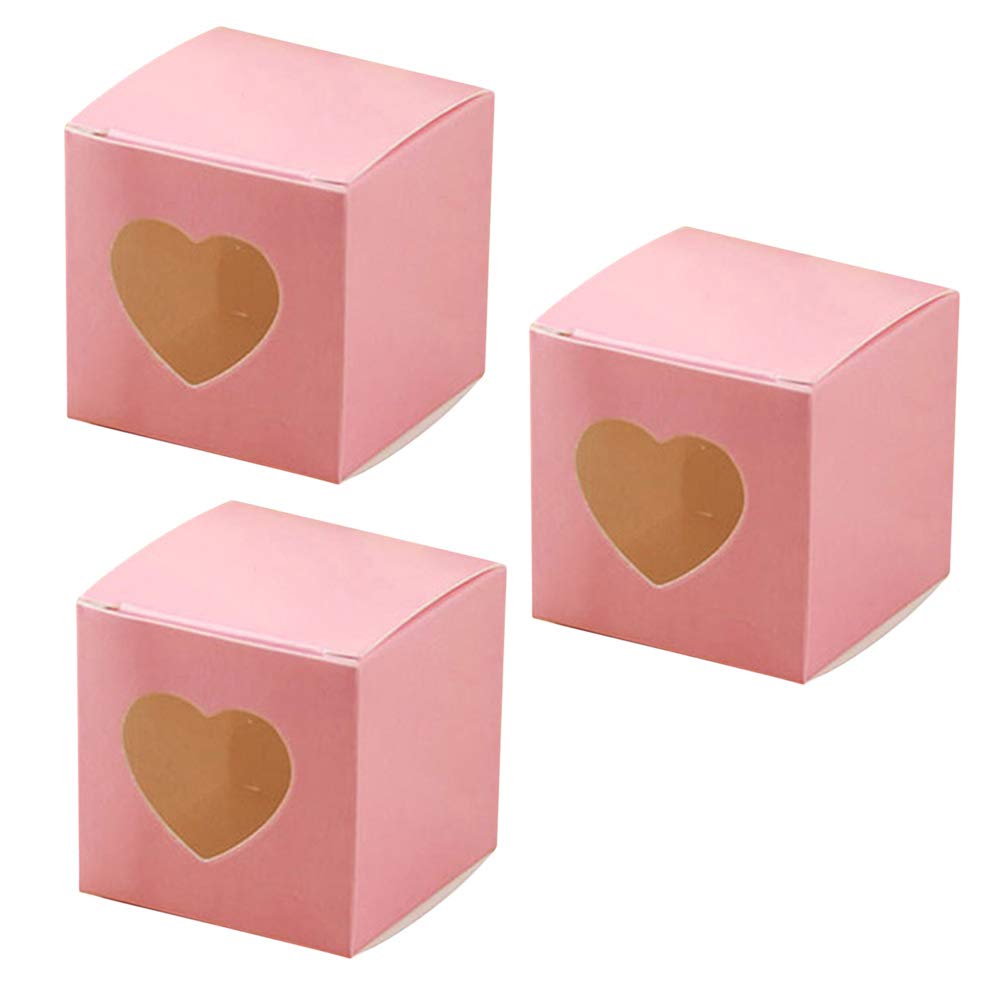50 Pcs Pink Square Kraft Paper Candy Boxes with PVC Transparent Heart-Shaped Window - Perfect for Cupcake, Wedding Favors, Birthday Party & Gift Packaging