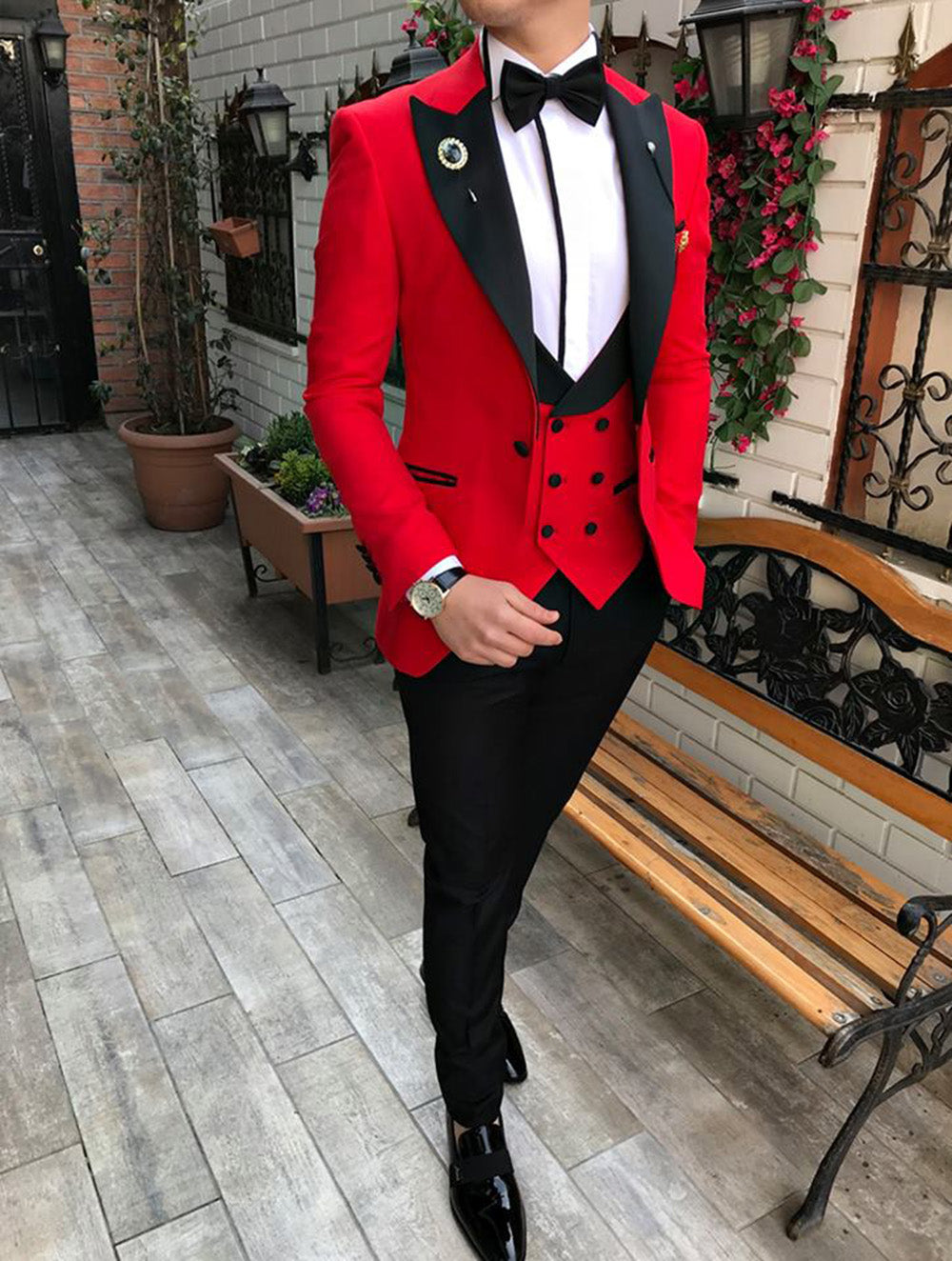 Elegant Pink & Black Tuxedo Suit for Men - 3 Piece Set (Jacket, Pants, Vest) - Wedding, Prom, Formal Events - Premium Menswear for Special Occasions