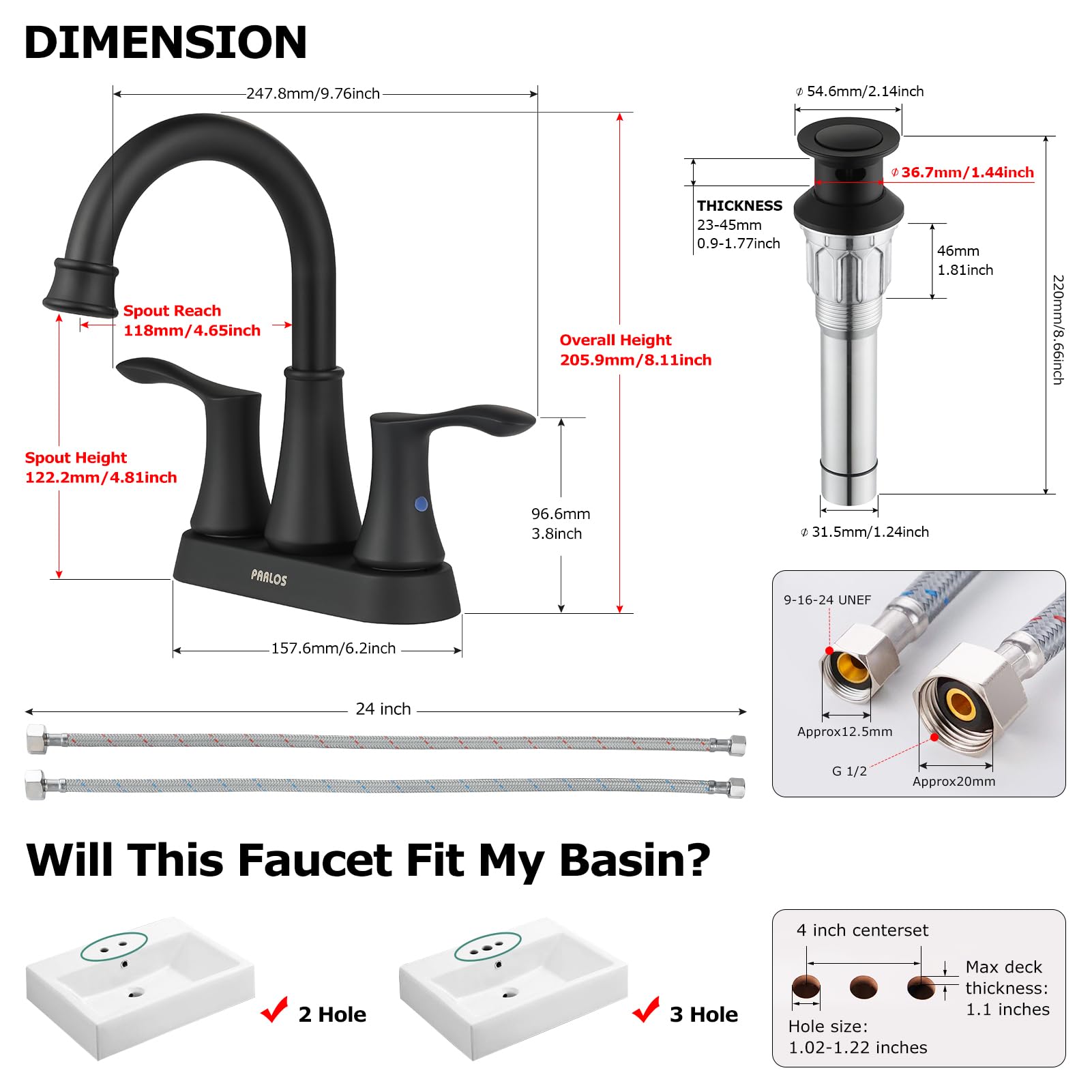PARLOS Swivel Spout 2-Handle Bathroom Sink Faucet with Metal Pop-up Drain & Supply Lines - 1.2 GPM Low Flow Matte Black Lavatory Faucet for Bathroom Vanity, Powder Room & Guest Bath Installation