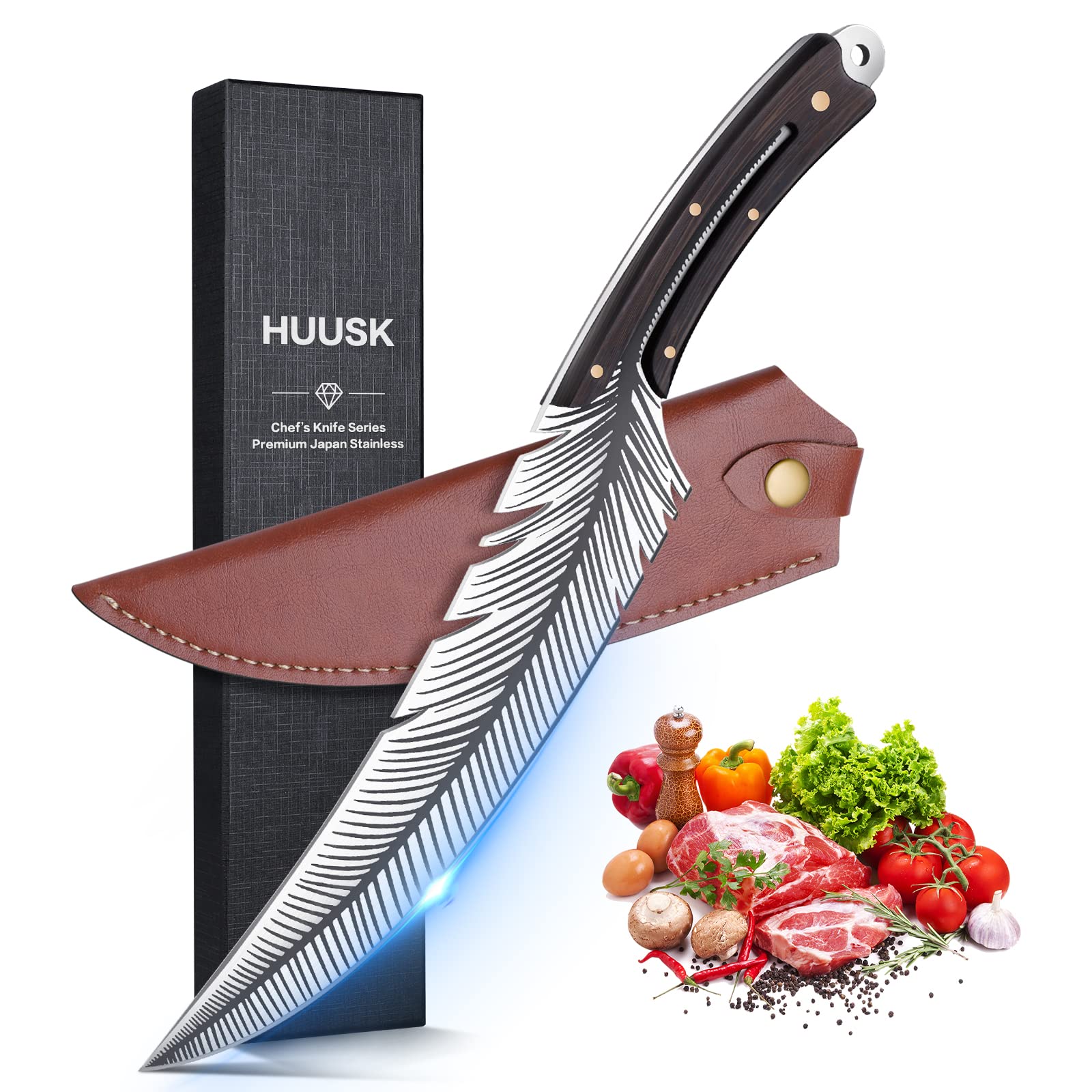 Huusk Japanese Chef Knife - Hand Forged High Carbon Steel Viking Knife with Sheath | Sharp Boning & Butcher Knife for Meat Cutting, Kitchen Cooking, Outdoor Camping & Survival | Durable Kitchen Knives Set for Professional Chefs & Home Cooks