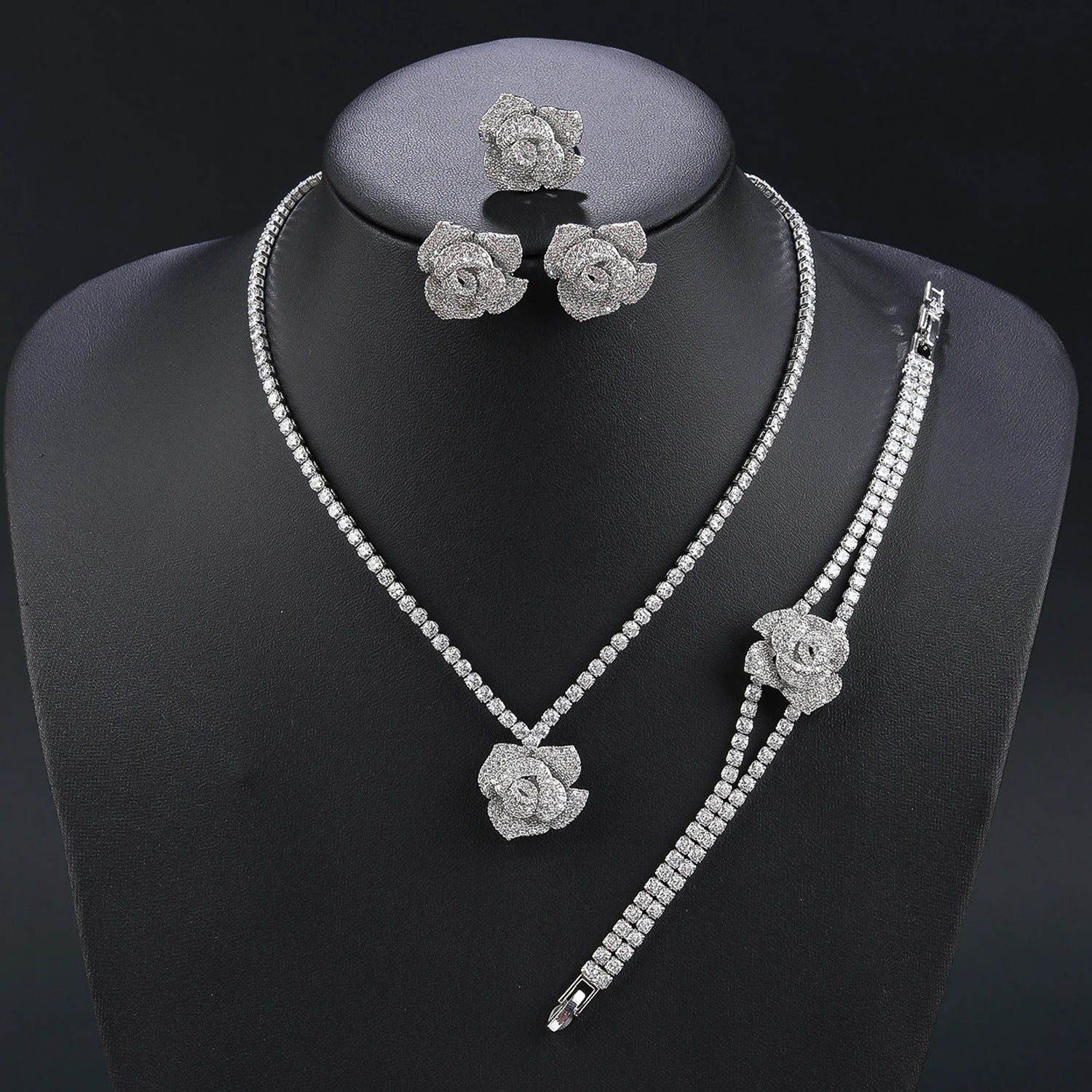 4-Piece Cubic Zirconia Rose Flower Jewelry Set - Pendant Necklace, Earrings, Bracelet & Ring - Bridal Wedding Jewelry for Women - Perfect for Weddings, Anniversaries and Special Occasions