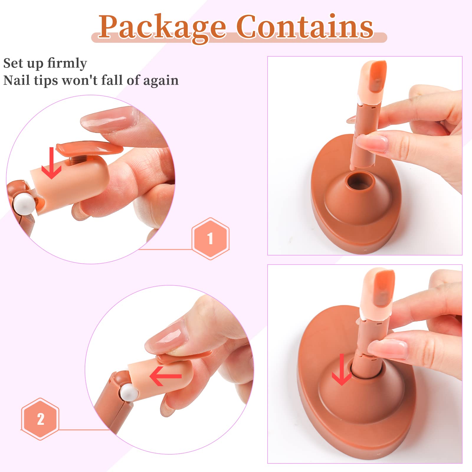 BQAN 4Pcs Adjustable Fake Fingers for Acrylic Nail Practice - Nail Training Hand with 100 Refill Tips & 2 Finger Bases - Perfect for Nail Tech Students & Salon Professionals (Home Practice, Manicure Training, Nail Art Design)