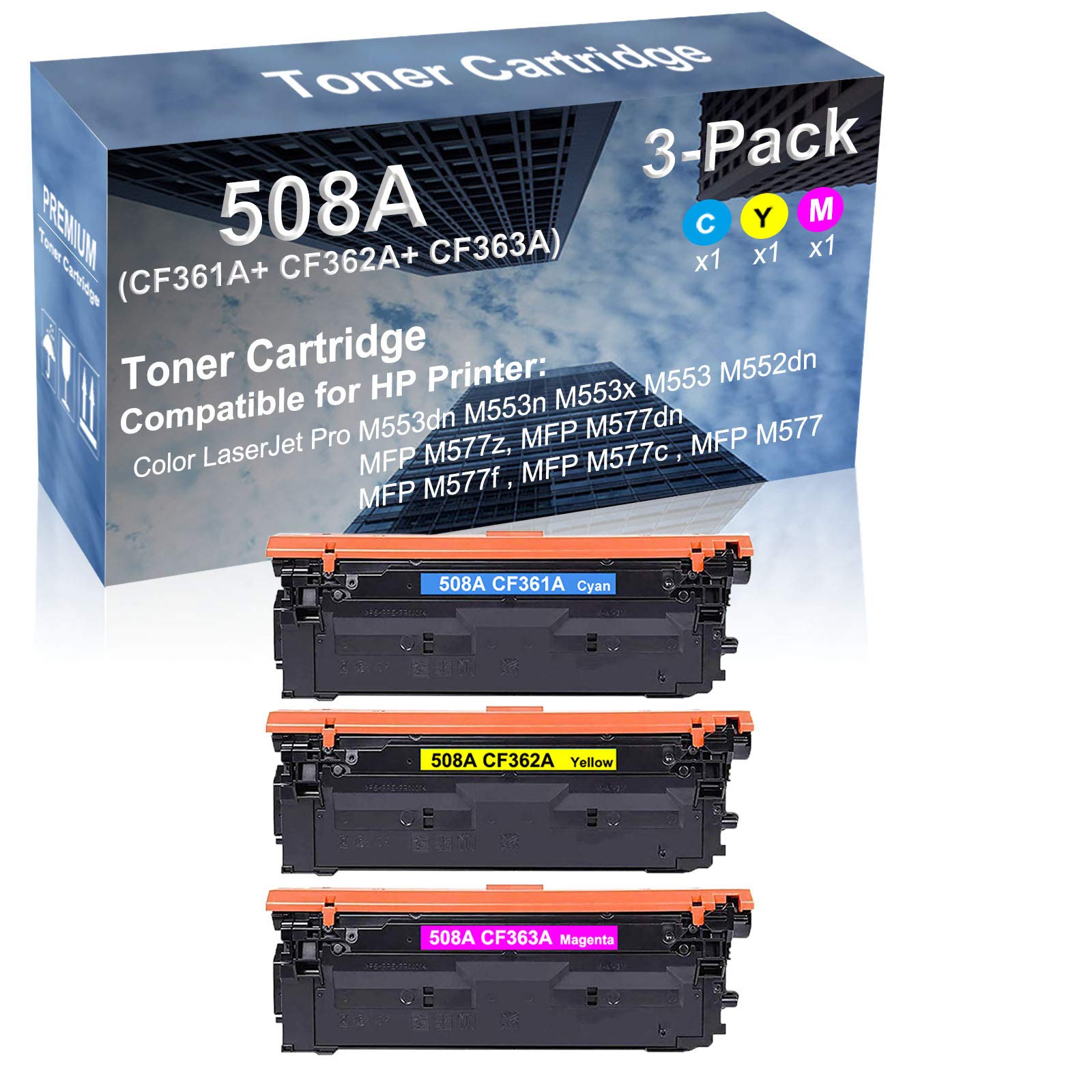 3-Pack (Cyan+Yellow+Magenta) High Yield 508A Compatible Toner Cartridges (CF361A/CF362A/CF363A) for HP MFP M577dn/M577f/M577c Printers - Ideal for Office Printing & Bulk Document Production