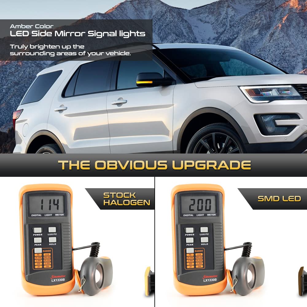 VIPMOTOZ Sequential Amber LED Tube Side Mirror Turn Signal Lights - Compatible with 2011-2019 Ford Explorer - Smoked Tinted Lens & Black Housing - Driver & Passenger Side Pair Set - Easy Installation & Enhanced Safety for Night Driving