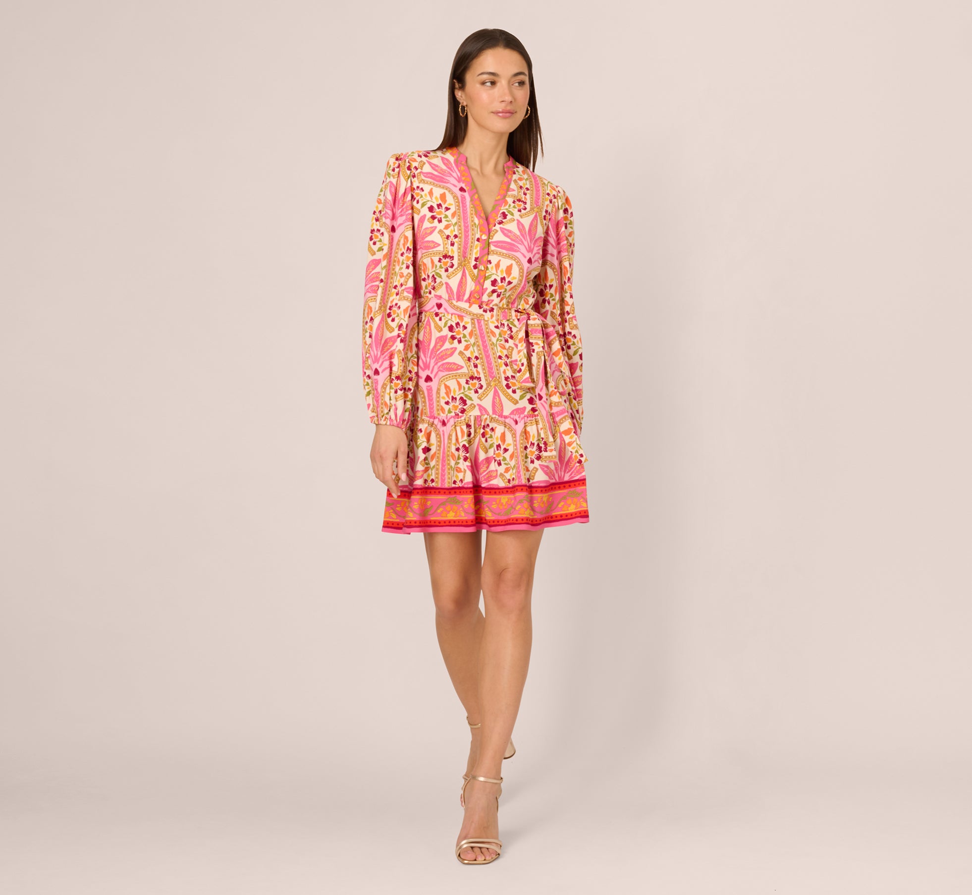 Stylish Long Sleeve Printed Flounce Dress in Pink Multi - Perfect for Casual Outings, Parties & Date Nights