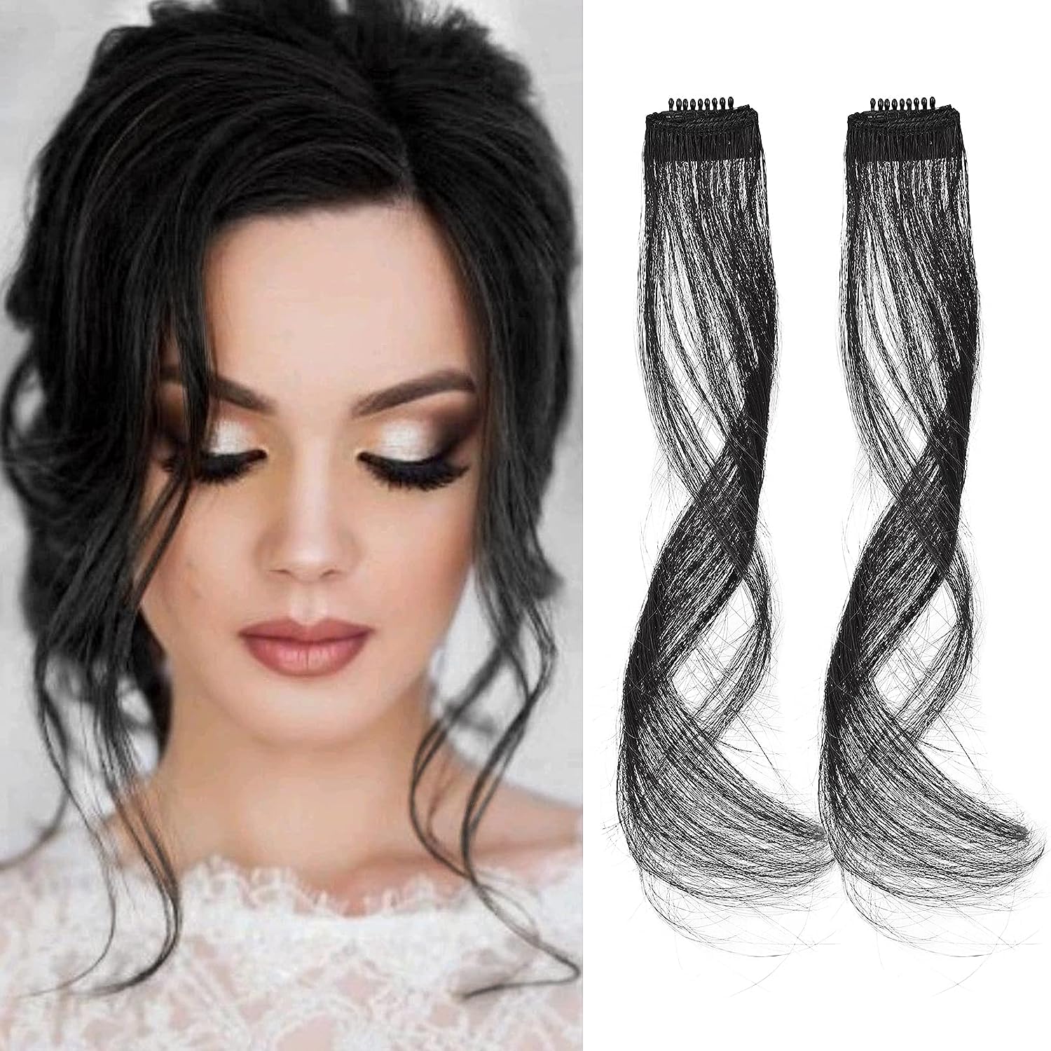FEORA 2-Piece Clip-in Side Bangs Hair Extensions - Natural Black Wavy Fringe Bangs for Women & Girls | Perfect for Covering Hairlines, Styling, and Daily Wear