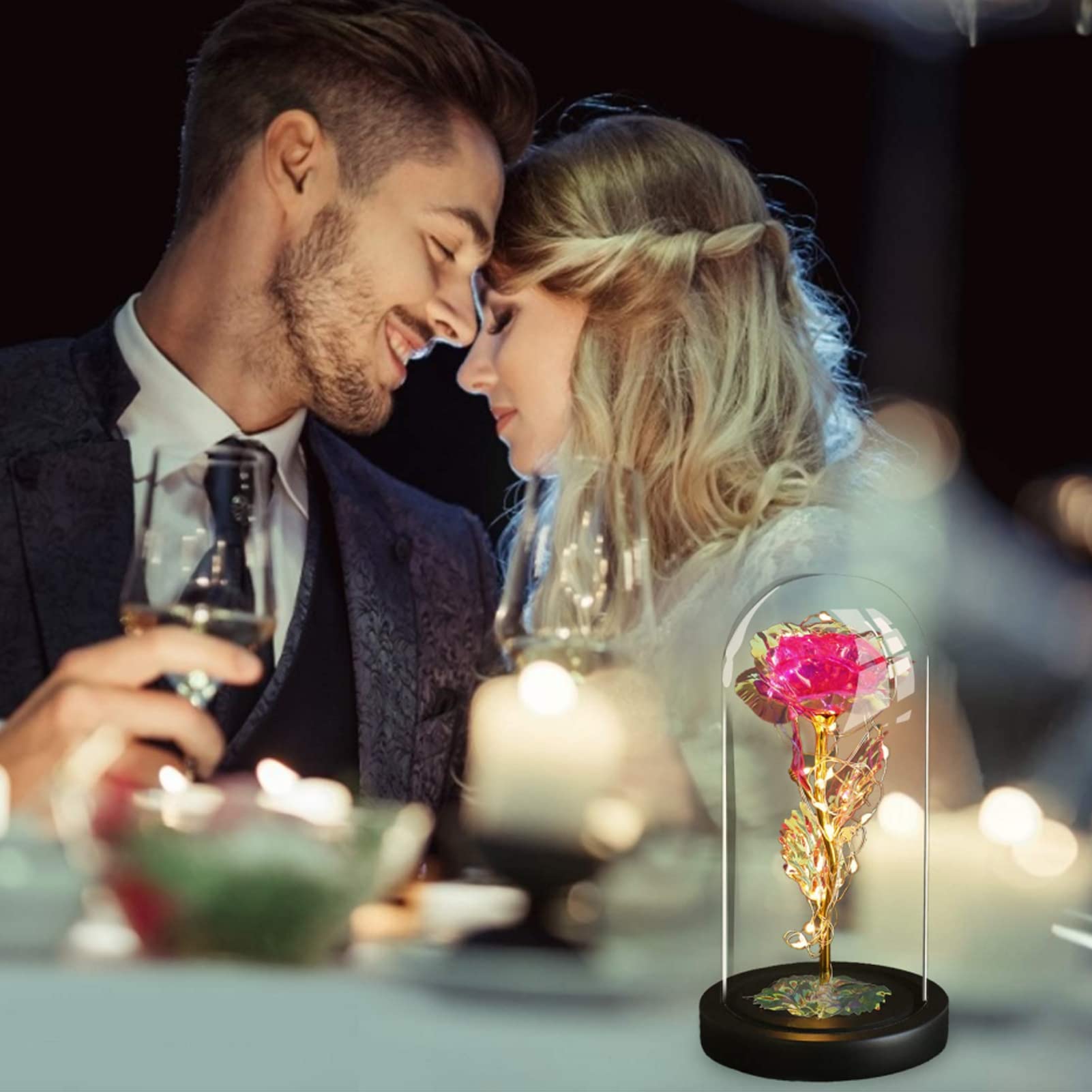 Eternal Rose Under Glass Dome - Valentine's Day Gift for Her, Galaxy Rose with LED Lights, Artificial Flower Gift for Women, Mom, Mother, Grandma - Perfect for Mother's Day, Wedding, Anniversary, Home Decor, Romantic Proposal, Bedroom Centerpiece