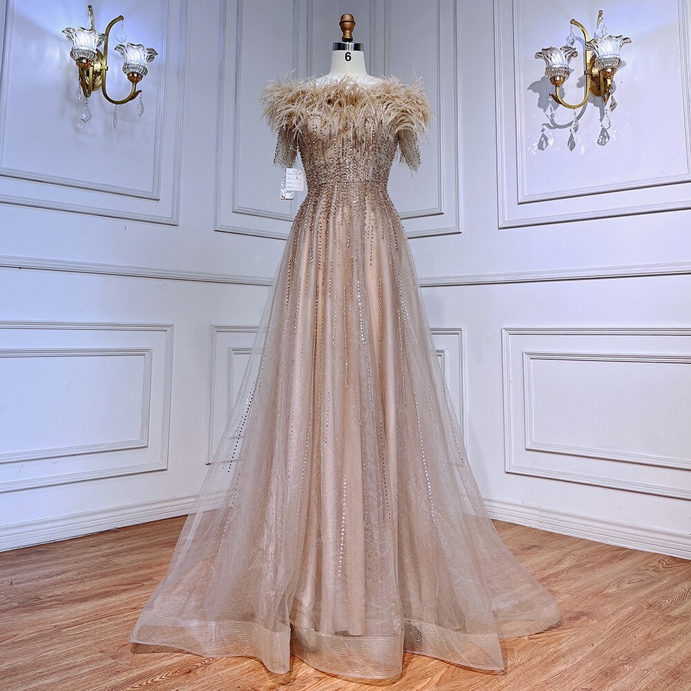 Serene Hill Blue Boat Neck Luxury Evening Dress Gown 2025 - Short Sleeve Beaded Feather A-Line Women's Party Gown LA71524 | Perfect for Prom, Cocktail Parties & Formal Events