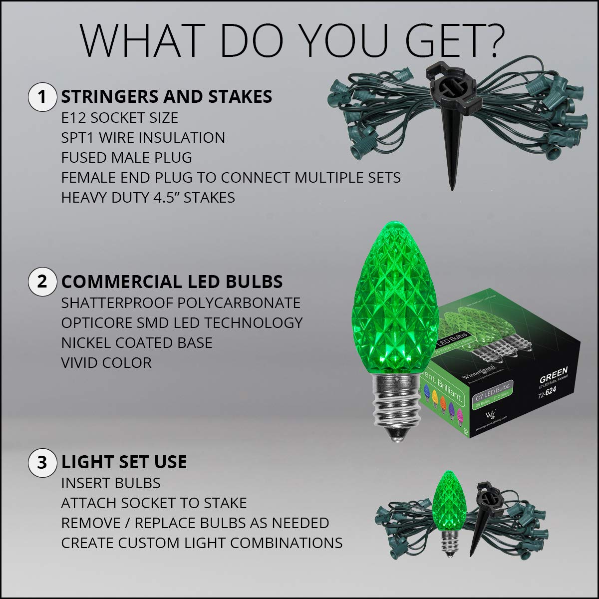 25’ OptiCore LED C7 Green Christmas Pathway Lights - Energy Efficient Outdoor Driveway & Walkway Lighting with 4.5” Ground Stakes & Green Wire - Perfect for Holiday Decor, Garden, Patio & Landscape Lighting