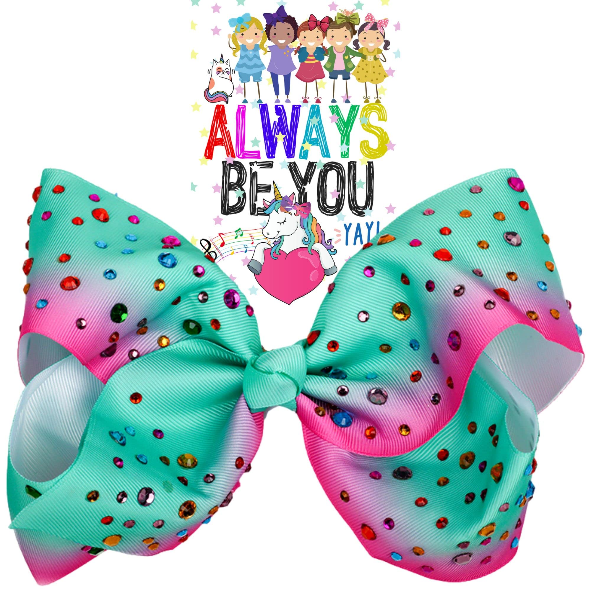 Sparkly Jumbo Rhinestone Hair Bow for Girls & Toddlers - Cheerleading, Dance, Pageant Accessories - Pink & Blue Glitter Ribbon Hair Clip (Aqua Pink/Rhinestone) - Perfect for Cheer Competitions, Birthday Parties & Special Occasions