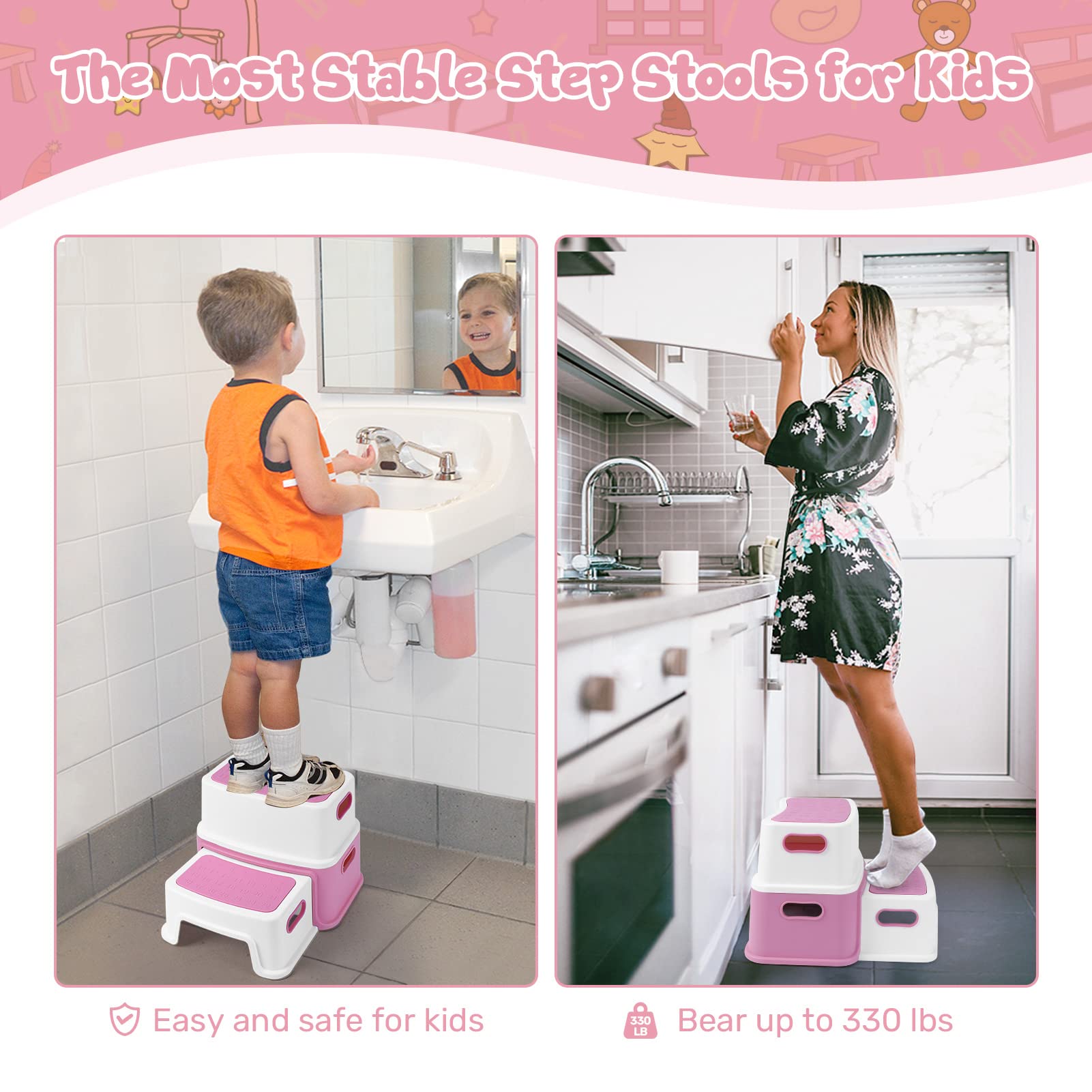 GARVEE 2-Step Toddler Stool for Potty Training & Bathroom Use - Non-Slip Kids Step Stool with ABC/Numbers - Perfect for Toilet Training, Kitchen & Bathroom Safety (Pink)